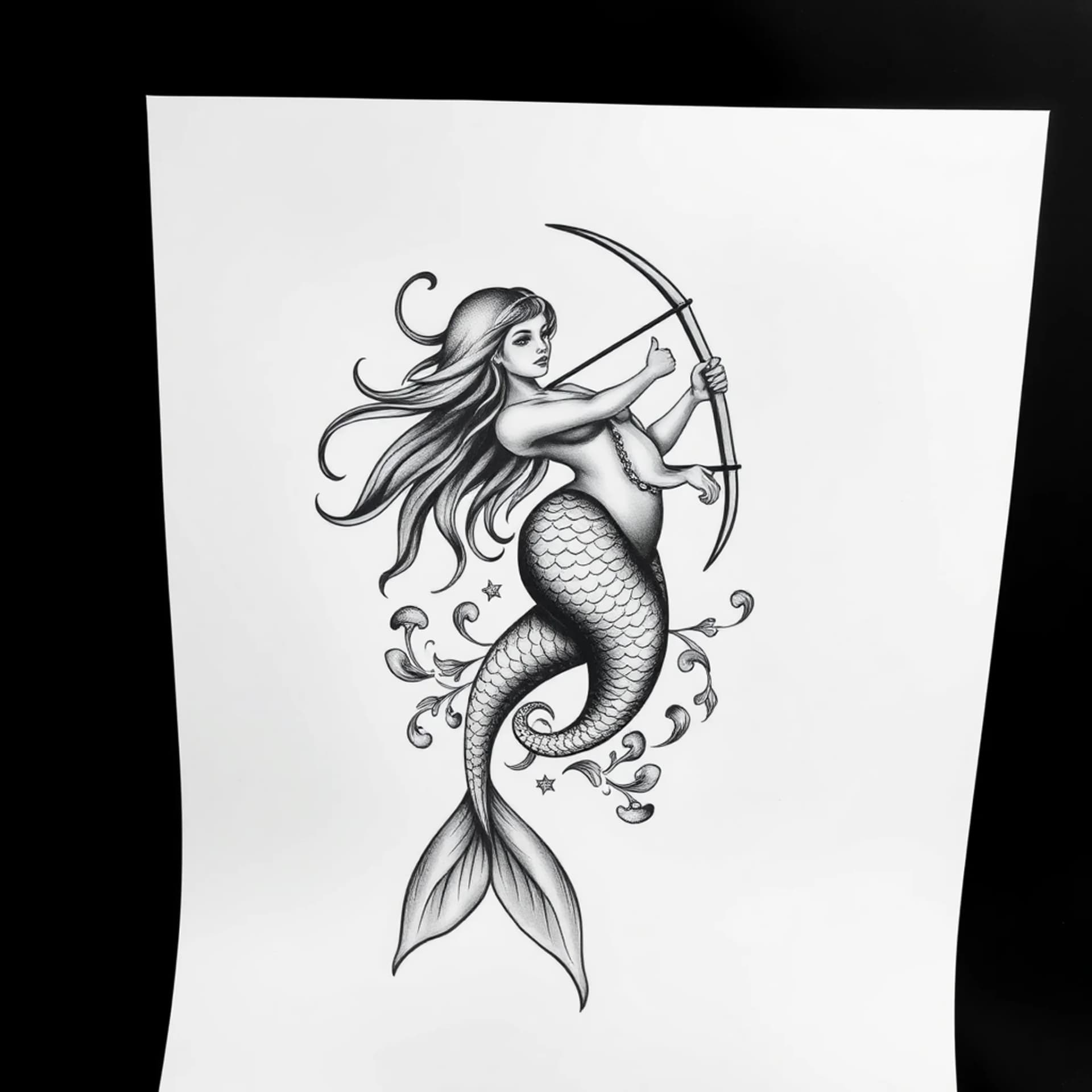 Black And Grey tattoo: A Mermaid pisces zodiac sign with archer and a water horse