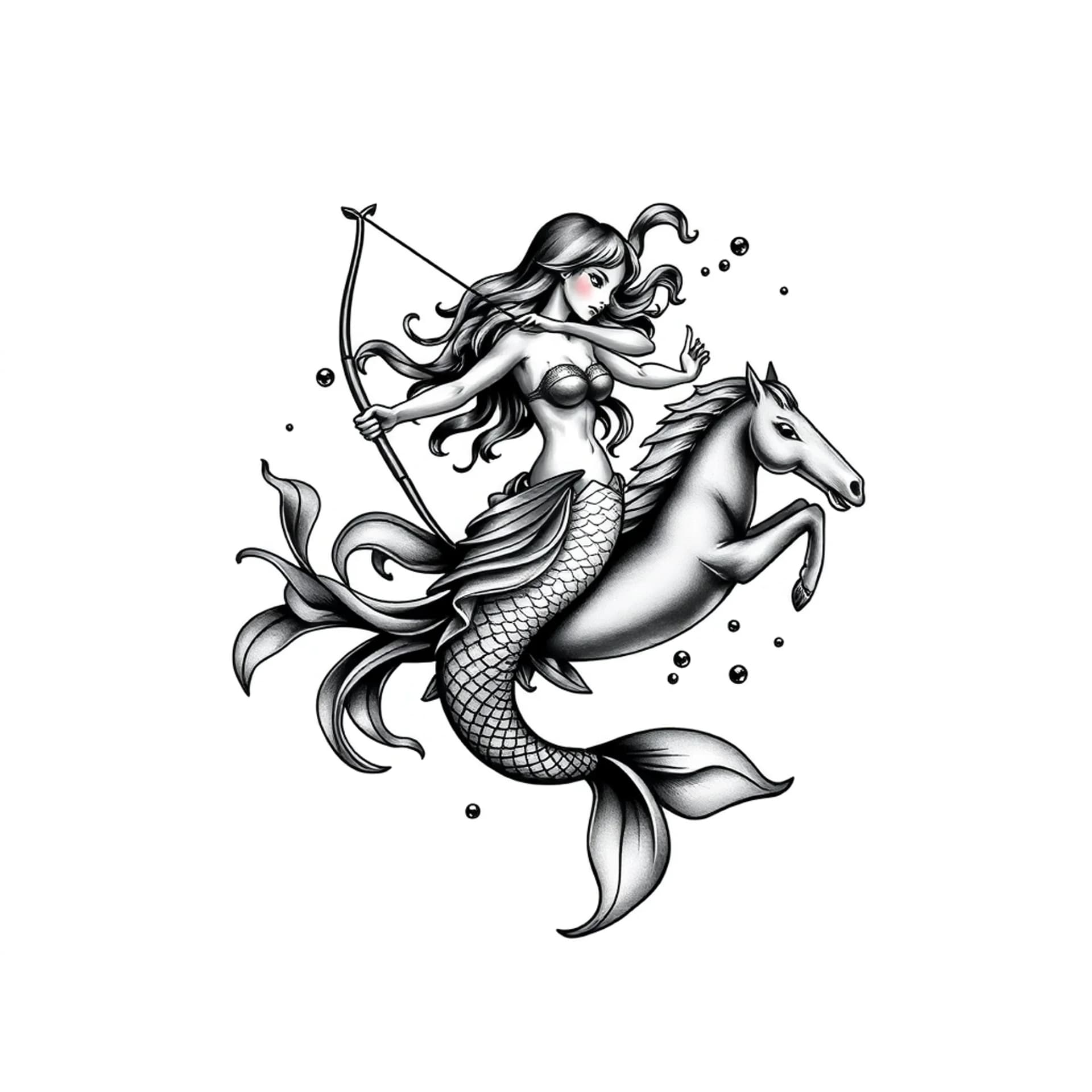 Black And Grey tattoo: A Mermaid pisces zodiac sign with archer and a water horse
