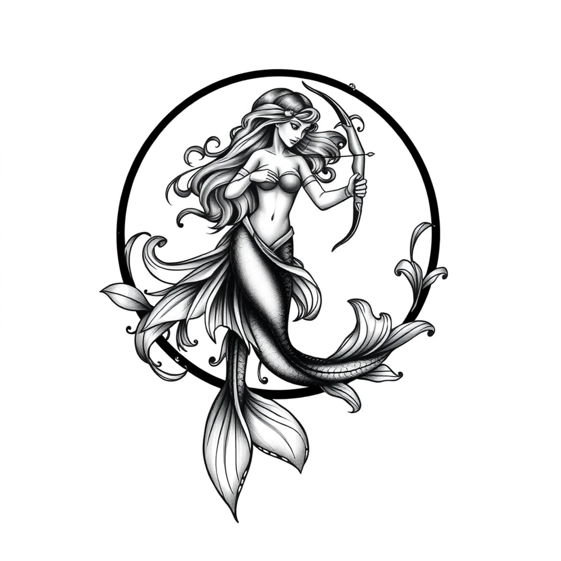 Black And Grey tattoo: A Mermaid pisces zodiac sign with archer and a water horse