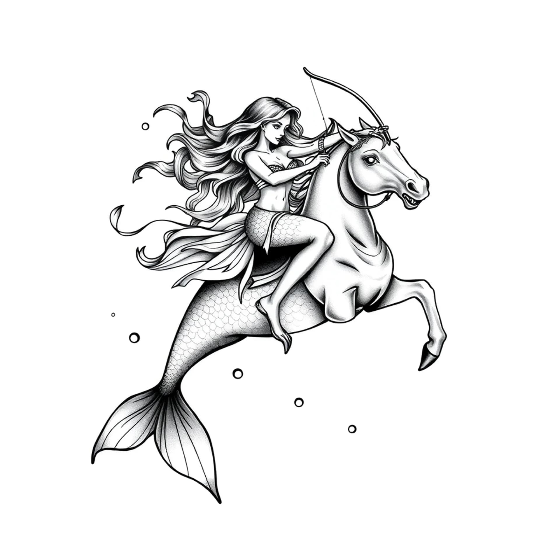 Black And Grey tattoo: A Mermaid pisces zodiac sign riding a water horse with archer