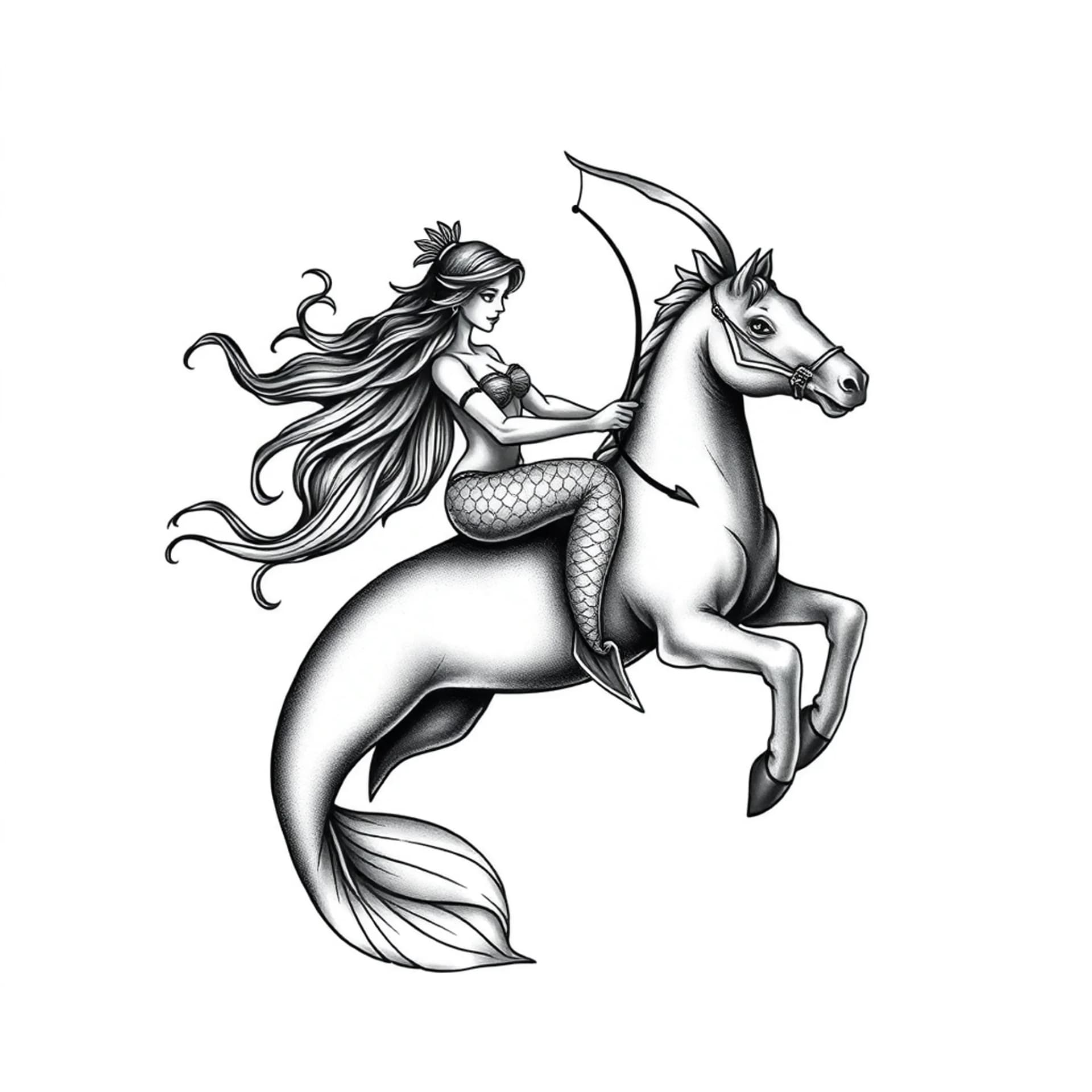 Black And Grey tattoo: A Mermaid pisces zodiac sign riding a water horse with archer