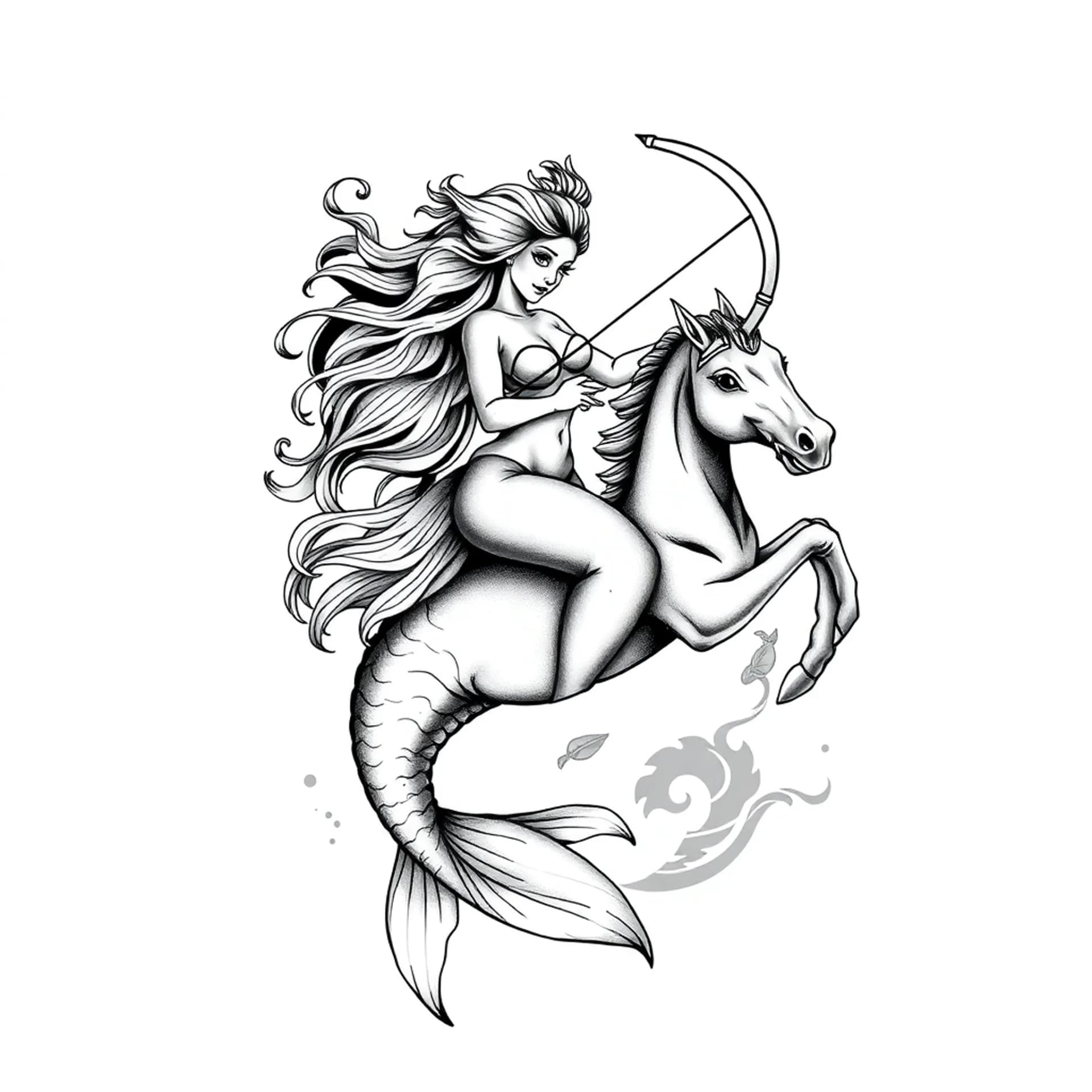 Black And Grey tattoo: A Mermaid pisces zodiac sign holding a archer and riding a horse