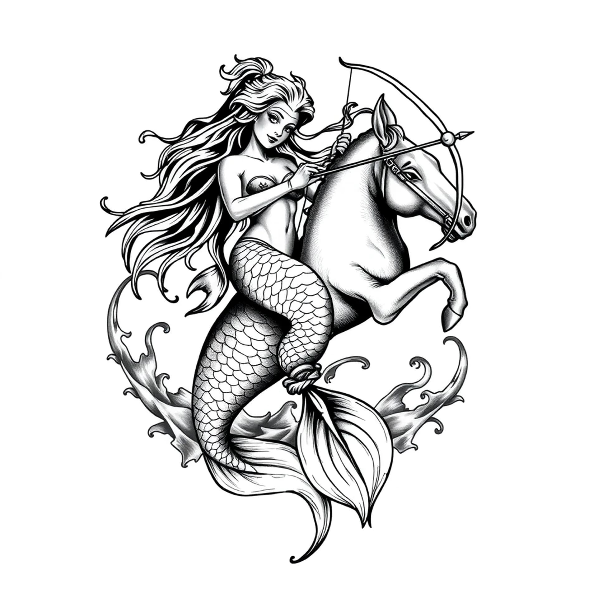 Black And Grey tattoo: A Mermaid pisces zodiac sign holding a archer and riding a horse