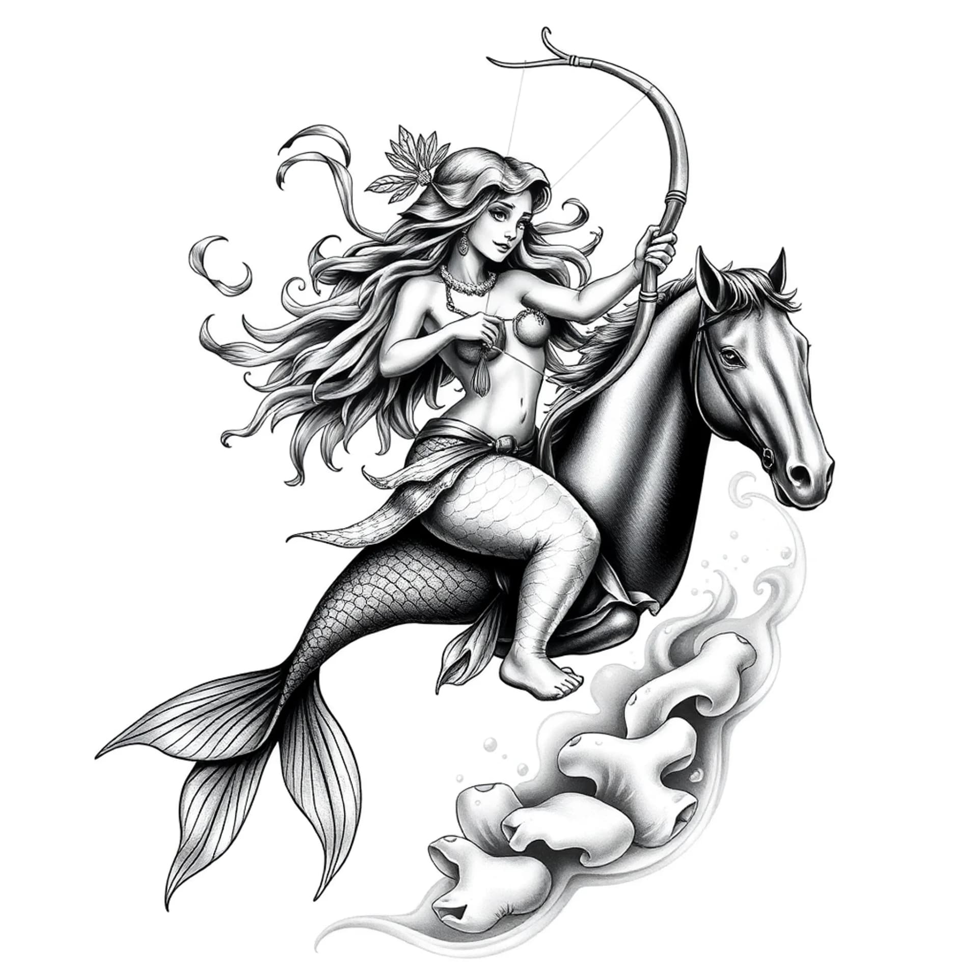 Realism tattoo: A Mermaid pisces zodiac sign holding a archer and riding a horse
