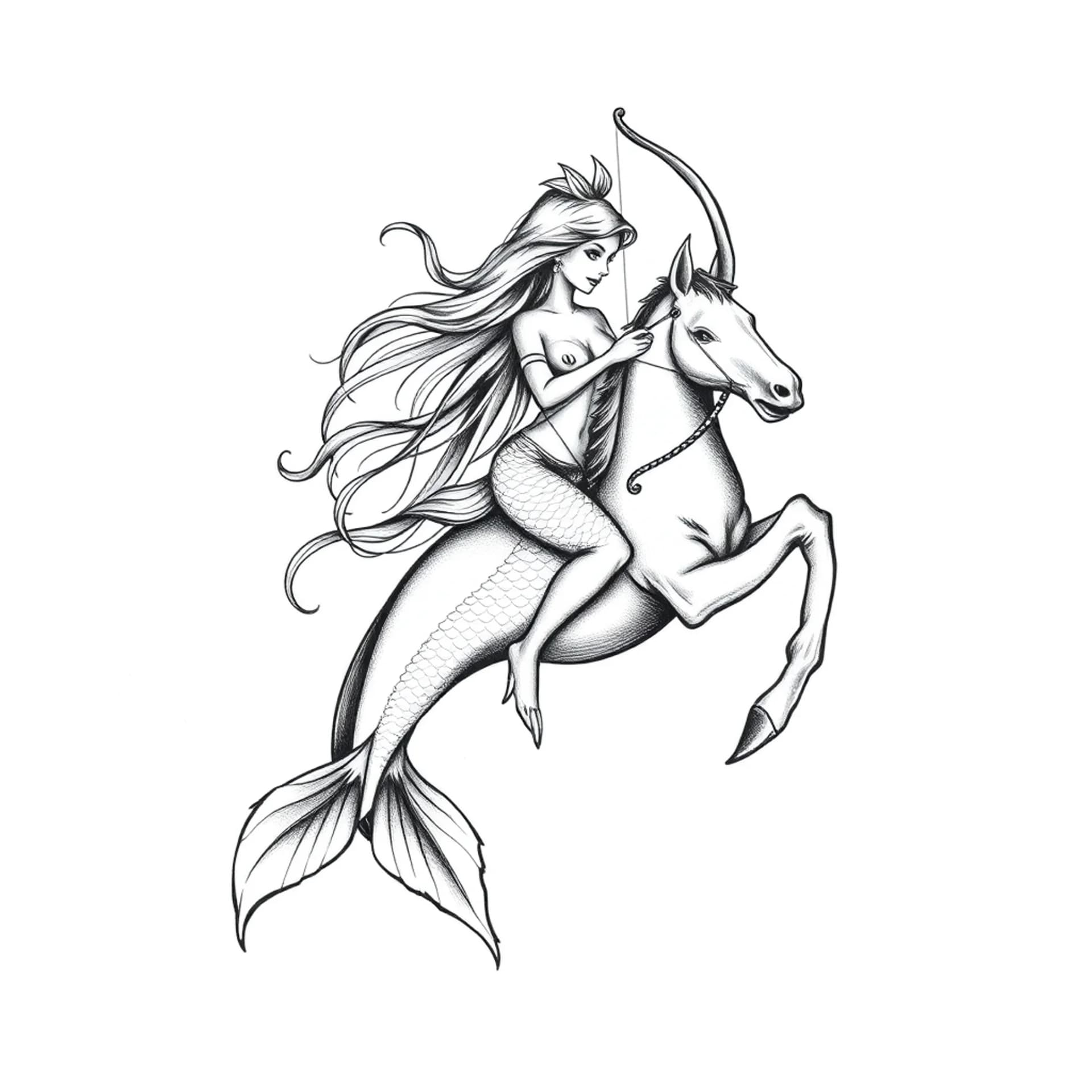 Sketch tattoo: A Mermaid pisces zodiac sign holding a archer and riding a horse