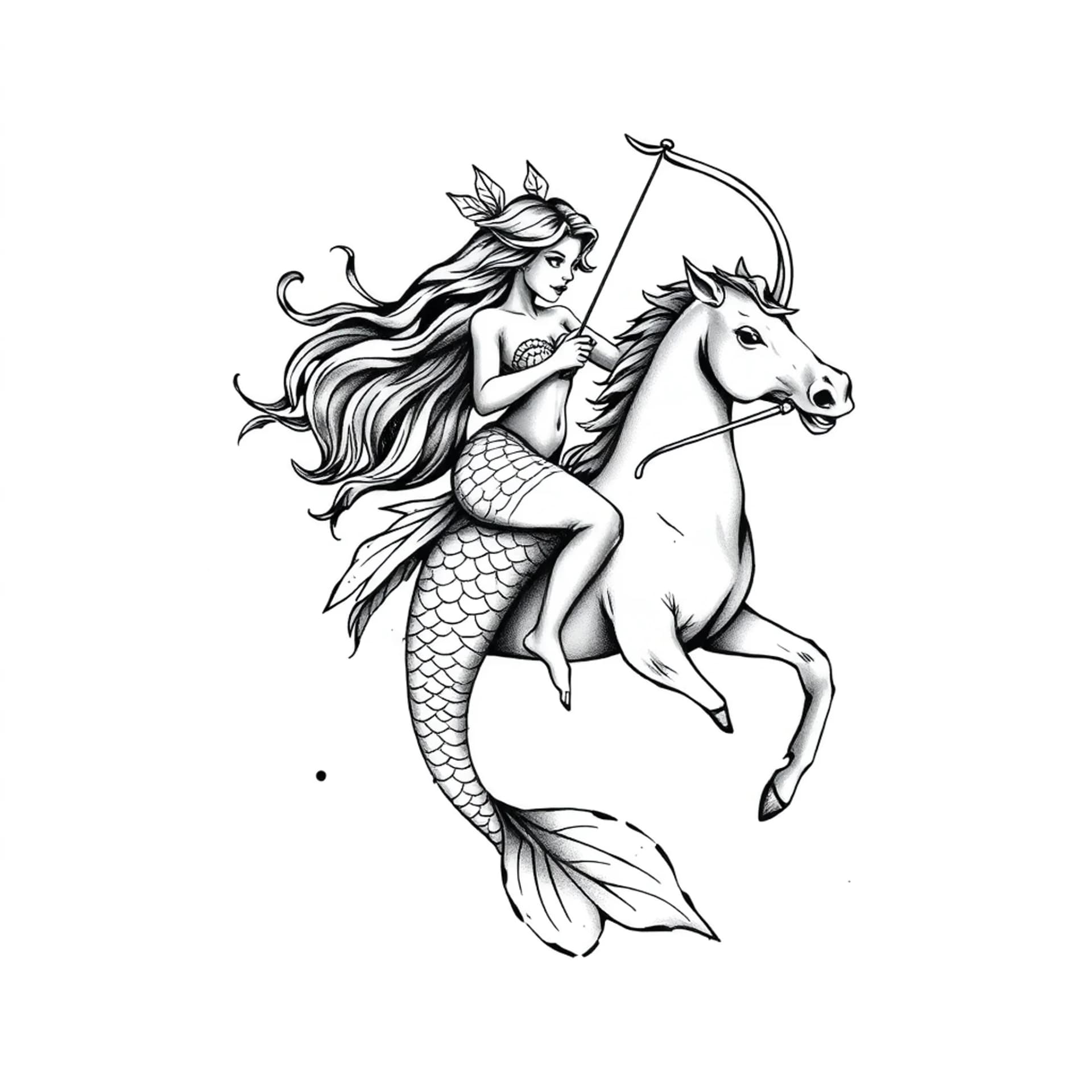 Sketch tattoo: A Mermaid pisces zodiac sign holding a archer and riding a horse