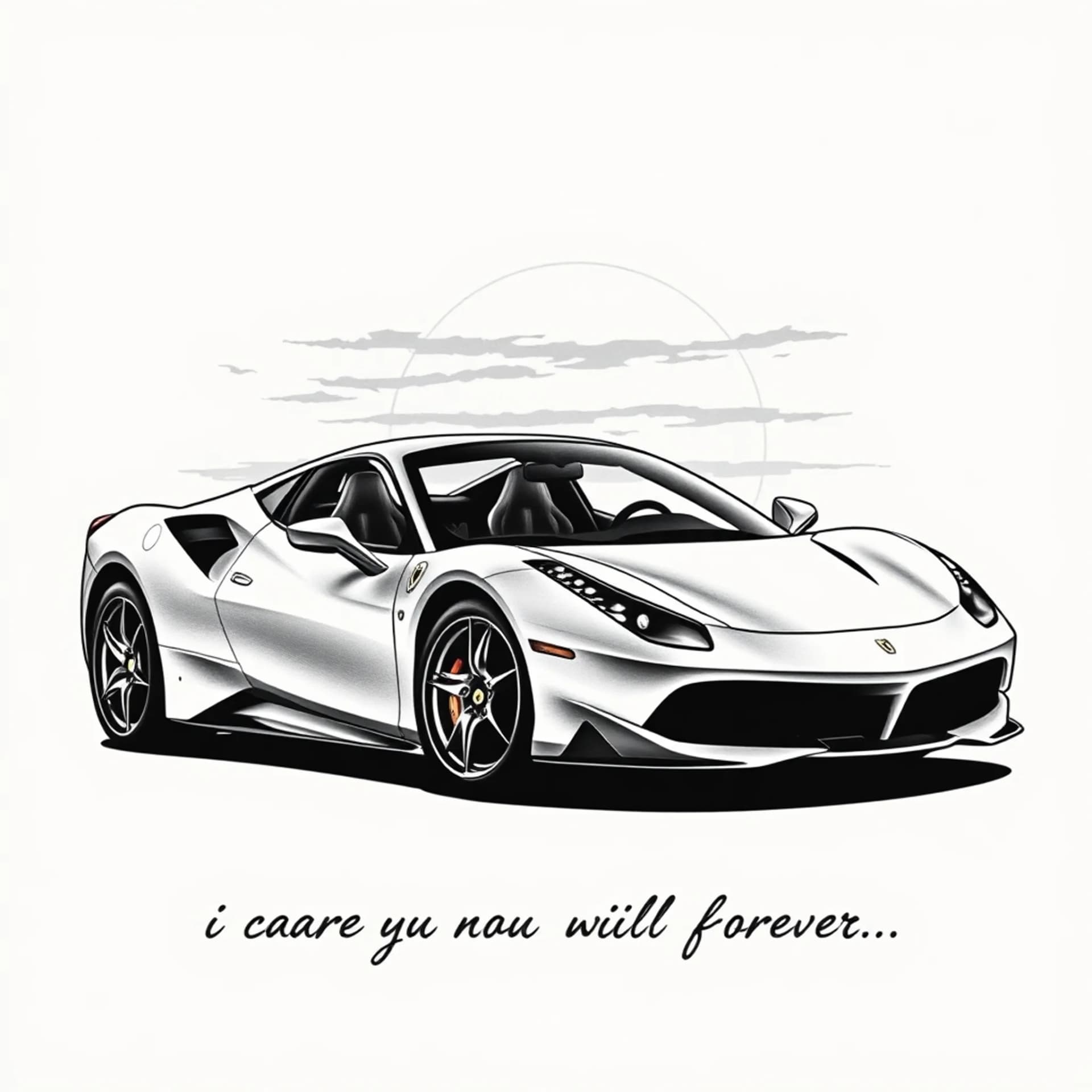 Black And Grey tattoo: A white ferrari under the sunset with the lyrics "i care for you still and i will forever"
