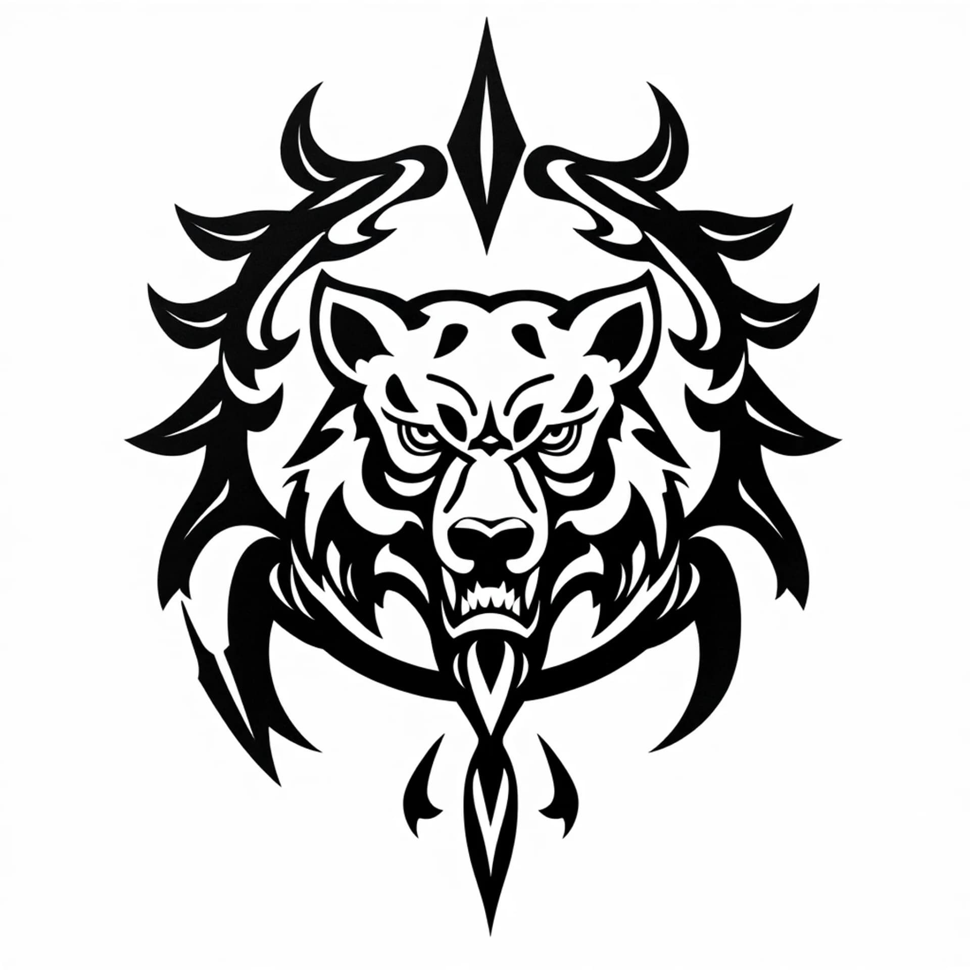 Tribal tattoo: “Tribal Circular Seal of the Strategic Guardian”
A closed tribal circle, with a tribal Bear mask in the center.
The eyes are downward‑curved tribal hooks (Wolf).
Around the mask, a continuous wavy tribal ring (Serpent).
At the top of the circle, two upward‑pointing feather‑like spikes (Eagle).
At the bottom, three diagonal claw‑like cuts (Tiger).