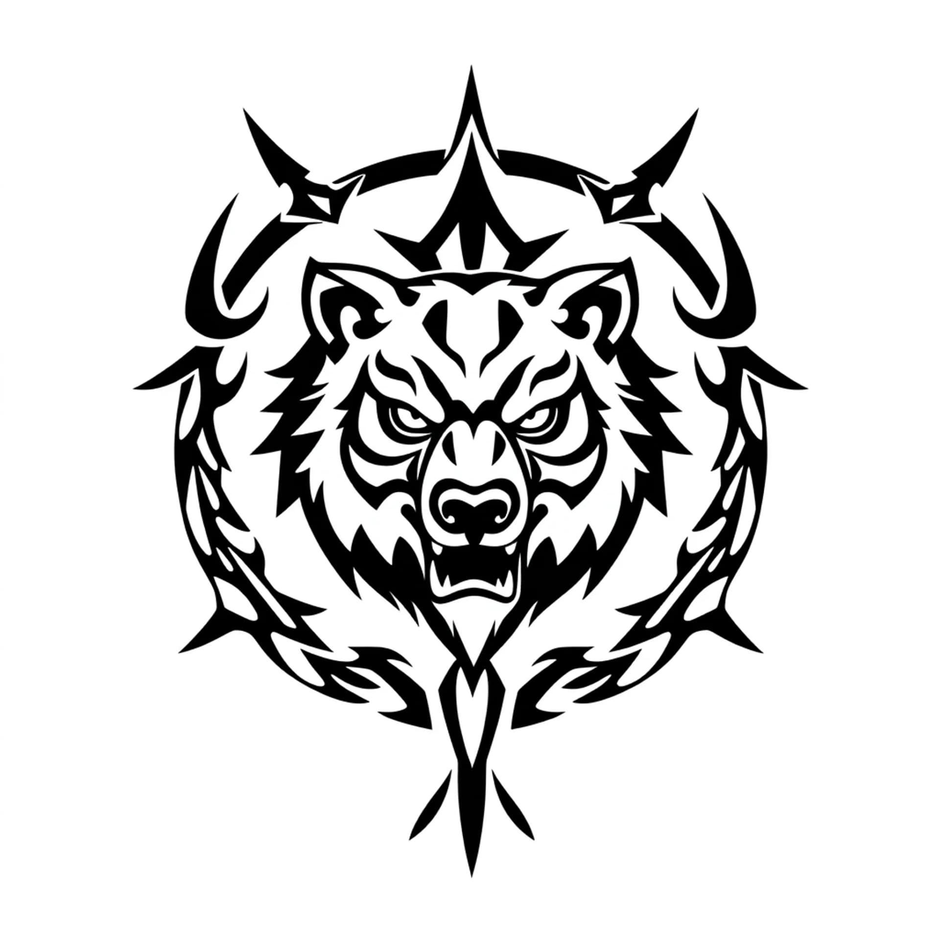 Tribal tattoo: “Tribal Circular Seal of the Strategic Guardian”
A closed tribal circle, with a tribal Bear mask in the center.
The eyes are downward‑curved tribal hooks (Wolf).
Around the mask, a continuous wavy tribal ring (Serpent).
At the top of the circle, two upward‑pointing feather‑like spikes (Eagle).
At the bottom, three diagonal claw‑like cuts (Tiger).