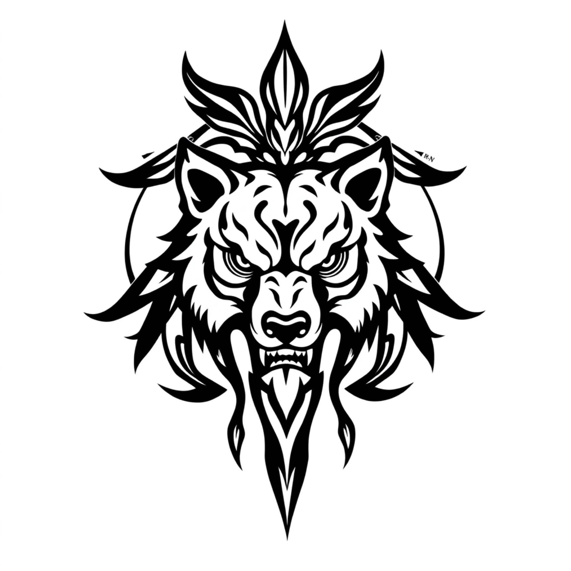 Tribal tattoo: “Tribal Circular Seal of the Strategic Guardian”
A closed tribal circle, with a tribal Bear mask in the center.
The eyes are downward‑curved tribal hooks (Wolf).
Around the mask, a continuous wavy tribal ring (Serpent).
At the top of the circle, two upward‑pointing feather‑like spikes (Eagle).
At the bottom, three diagonal claw‑like cuts (Tiger).