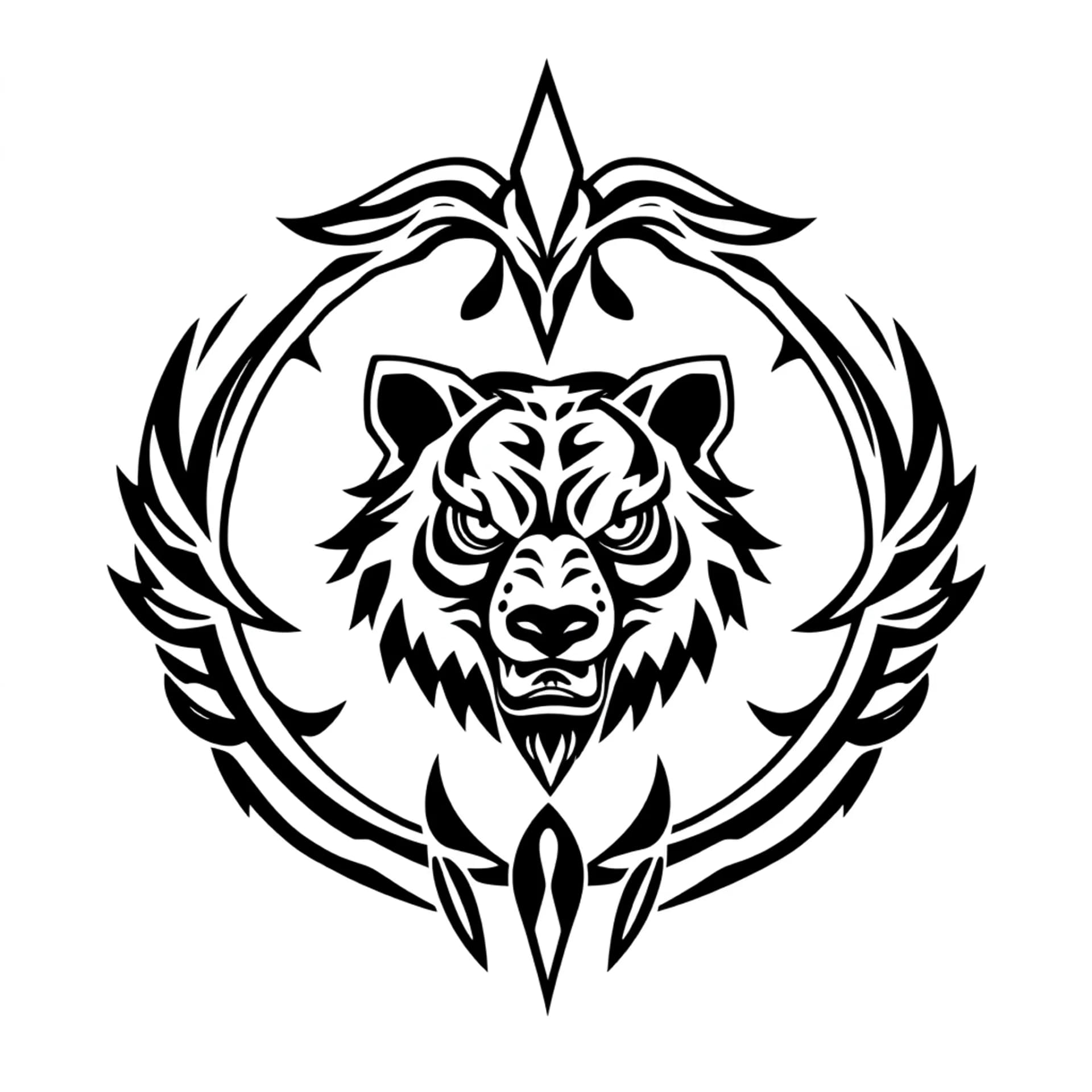 Tribal tattoo: “Tribal Circular Seal of the Strategic Guardian”
A closed tribal circle, with a tribal Bear mask in the center.
The eyes are downward‑curved tribal hooks (Wolf).
Around the mask, a continuous wavy tribal ring (Serpent).
At the top of the circle, two upward‑pointing feather‑like spikes (Eagle).
At the bottom, three diagonal claw‑like cuts (Tiger).