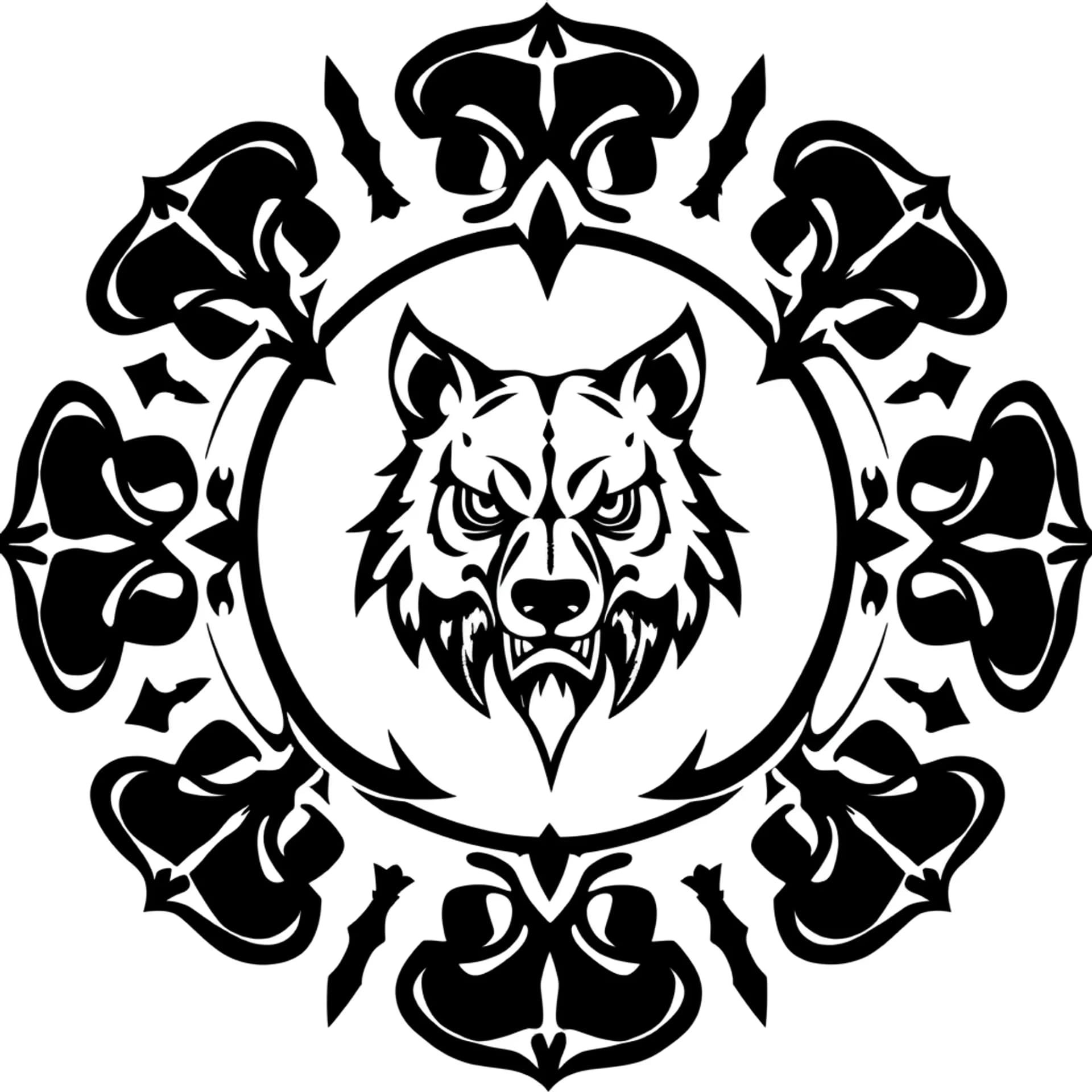 Tribal tattoo: “Tribal Circular Seal of the Strategic Guardian”
A closed tribal circle, with a tribal Bear mask in the center.
The eyes are downward‑curved tribal hooks (Wolf).
Around the mask, a continuous wavy tribal ring (Serpent).
At the top of the circle, two upward‑pointing feather‑like spikes (Eagle).
At the bottom, three diagonal claw‑like cuts (Tiger).