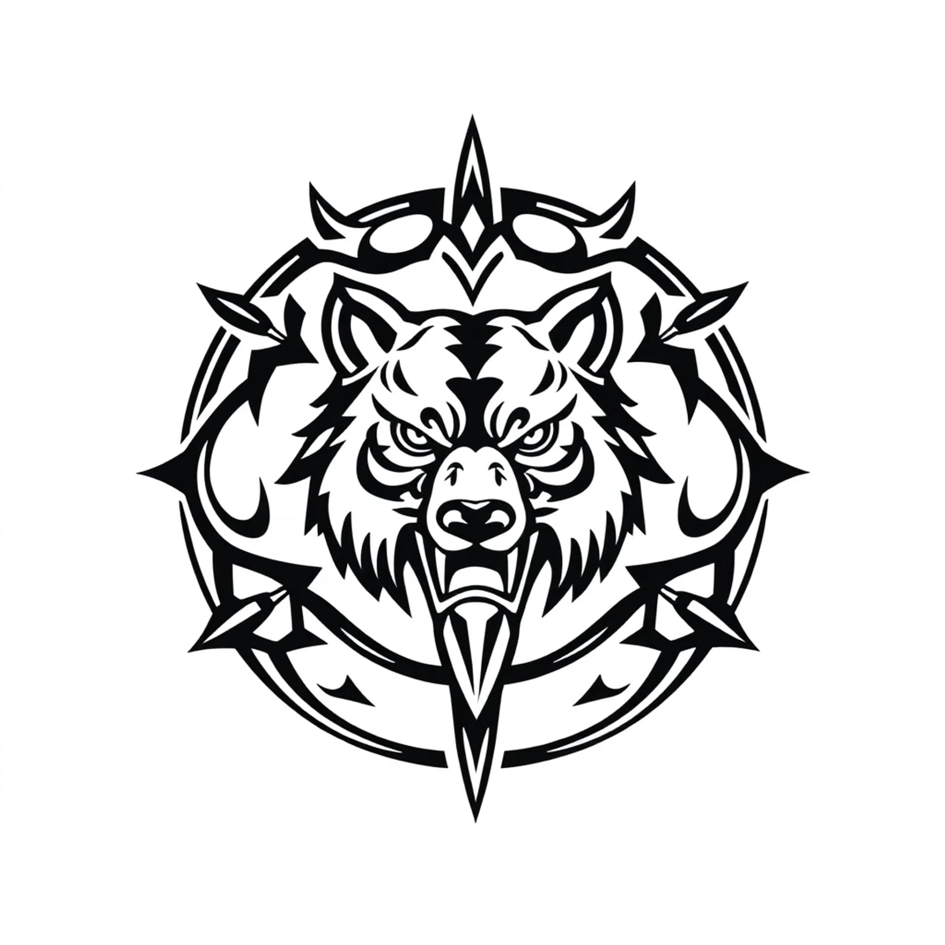 Tribal tattoo: “Tribal Circular Seal of the Strategic Guardian”
A closed tribal circle, with a tribal Bear mask in the center.
The eyes are downward‑curved tribal hooks (Wolf).
Around the mask, a continuous wavy tribal ring (Serpent).
At the top of the circle, two upward‑pointing feather‑like spikes (Eagle).
At the bottom, three diagonal claw‑like cuts (Tiger).