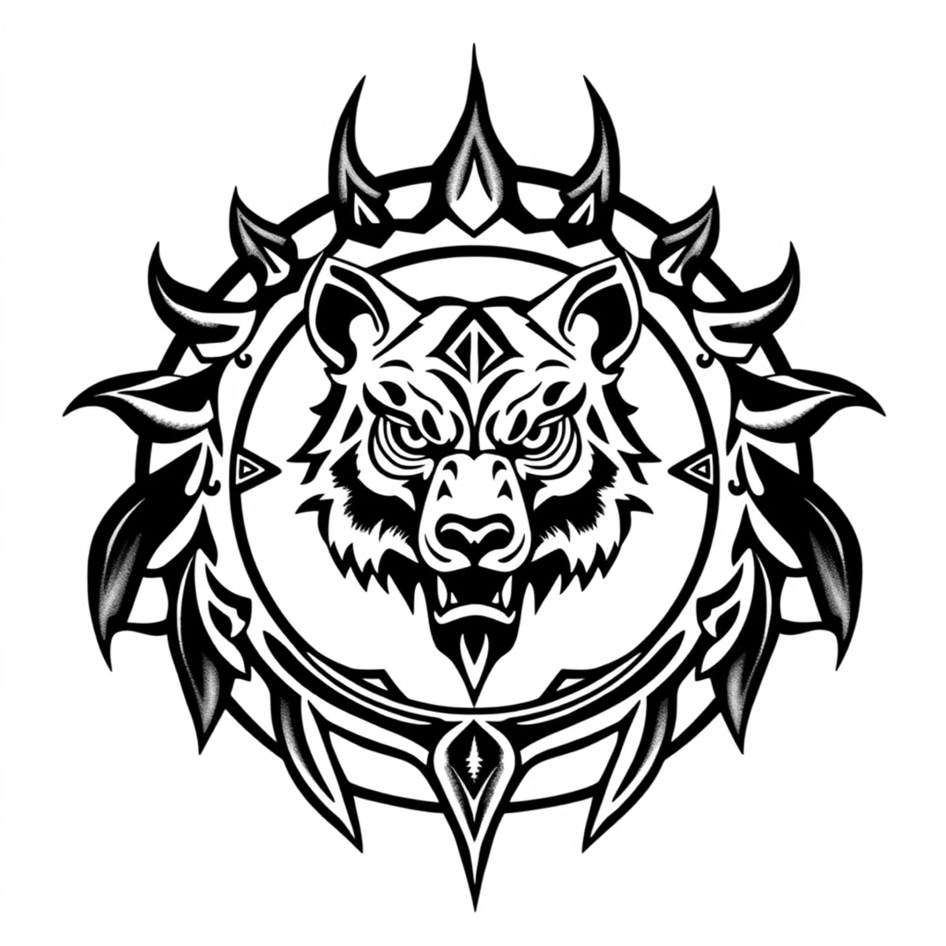 Black And Grey tattoo: “Tribal Circular Seal of the Strategic Guardian”
A closed tribal circle, with a tribal Bear mask in the center.
The eyes are downward‑curved tribal hooks (Wolf).
Around the mask, a continuous wavy tribal ring (Serpent).
At the top of the circle, two upward‑pointing feather‑like spikes (Eagle).
At the bottom, three diagonal claw‑like cuts (Tiger).