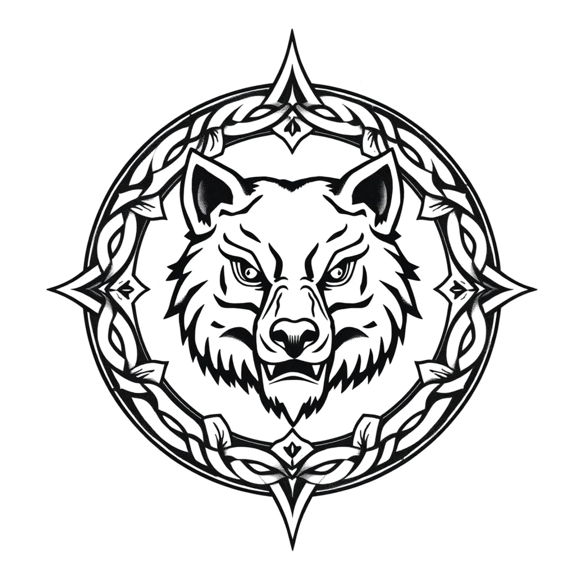 Celtic tattoo: “Tribal Circular Seal of the Strategic Guardian”
A closed tribal circle, with a tribal Bear mask in the center.
The eyes are downward‑curved tribal hooks (Wolf).
Around the mask, a continuous wavy tribal ring (Serpent).
At the top of the circle, two upward‑pointing feather‑like spikes (Eagle).
At the bottom, three diagonal claw‑like cuts (Tiger).