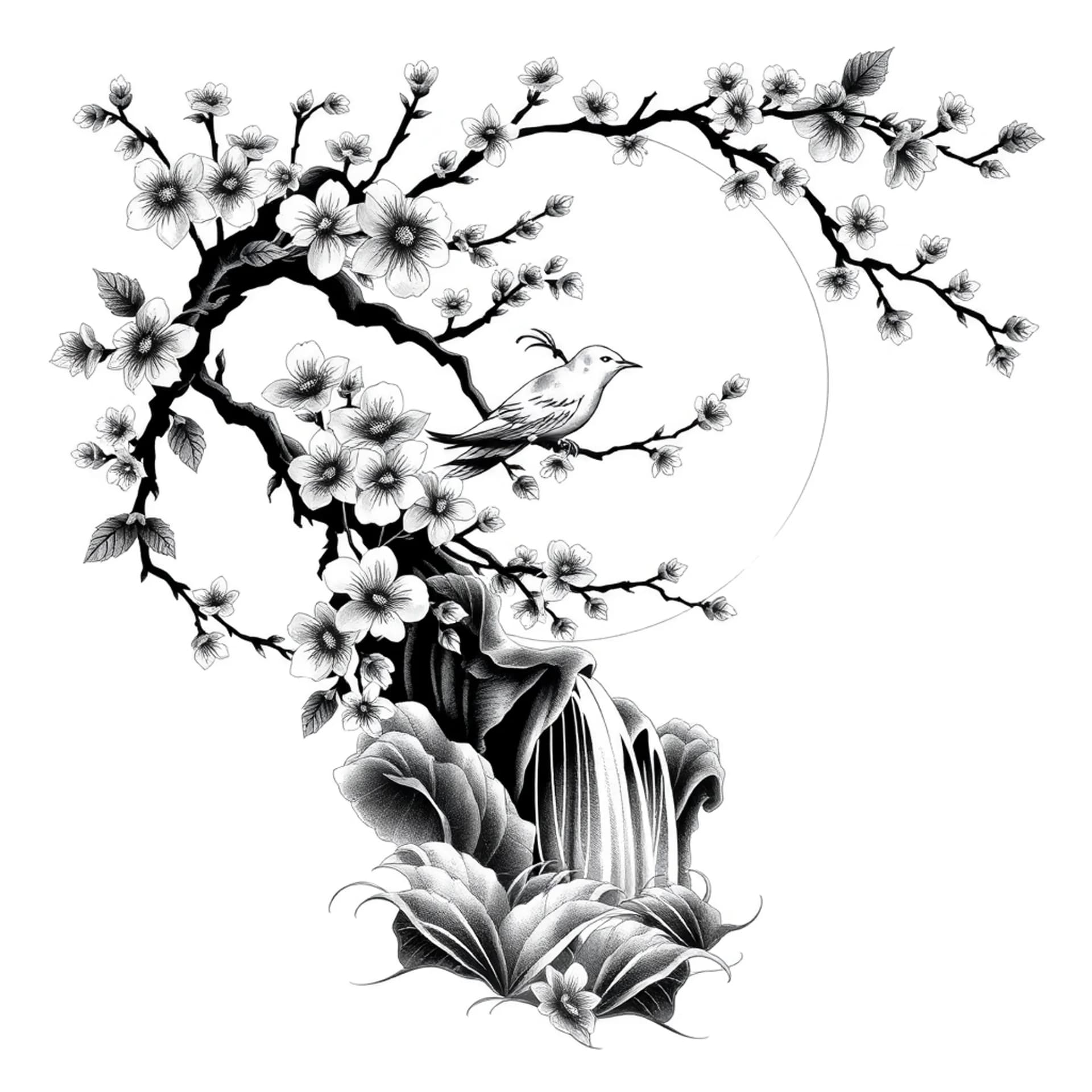 Black And Grey tattoo: Japanese with cream bird in the moon with cherry blossoms and a waterfall