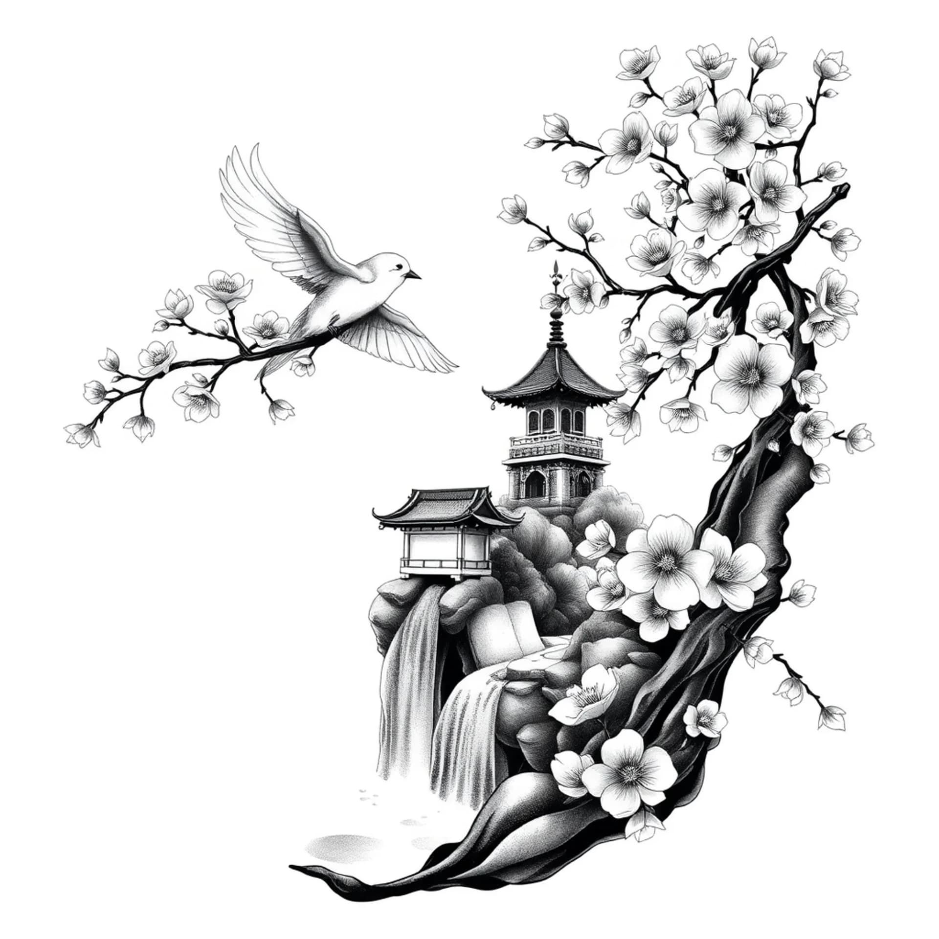 Black And Grey tattoo: Japanese with cream bird in the moon with cherry blossoms and a waterfall
Temple