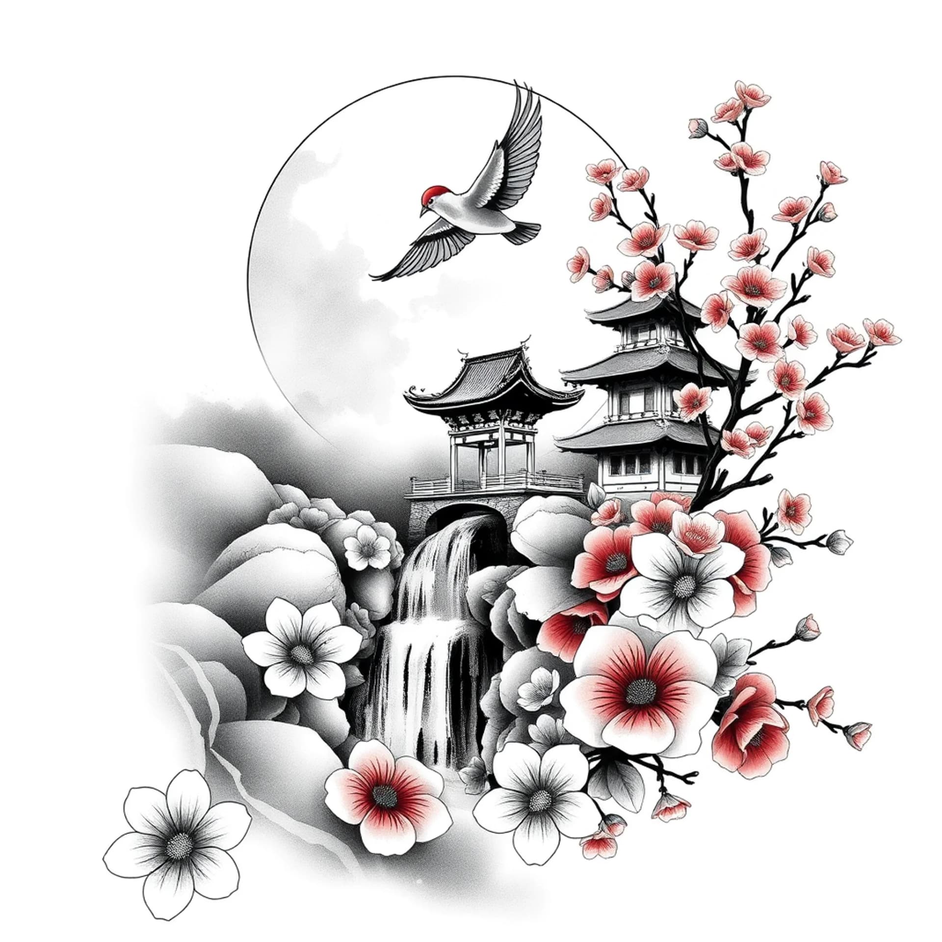 Black And Grey tattoo: Japanese with cran bird in the moon with cherry blossoms and a waterfall
Temple some shading with black n red n pink flowers