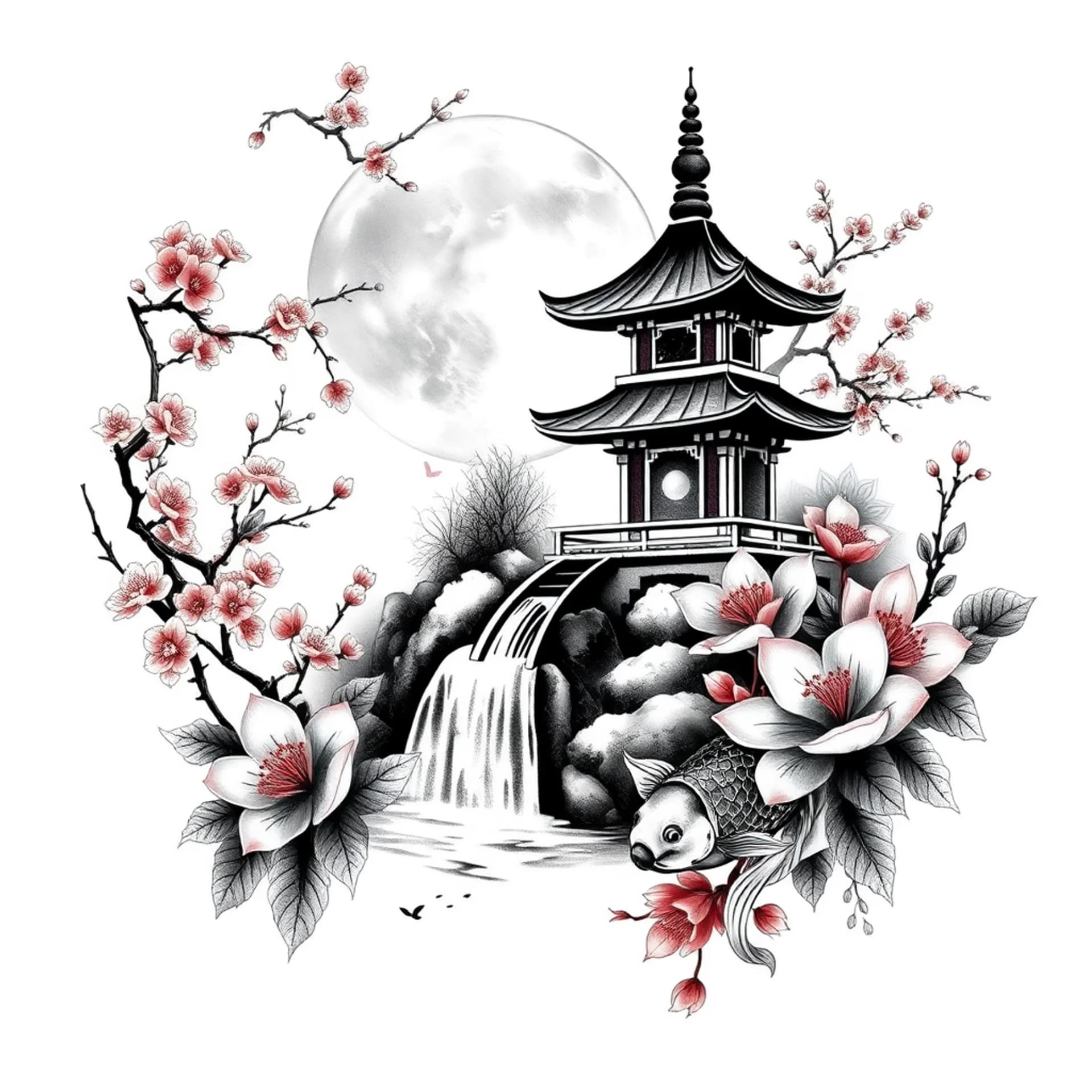 Black And Grey tattoo: Japanese and the moon with cherry blossoms and a waterfall
Temple some shading with black n red n pink flowers n lily koi fish