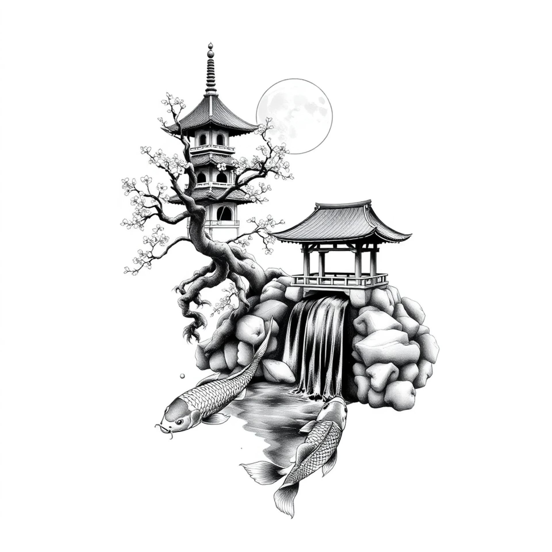 Black And Grey tattoo: Japanese temple with Koi fish at the bottom of the waterfall with a moon and blossoms tree