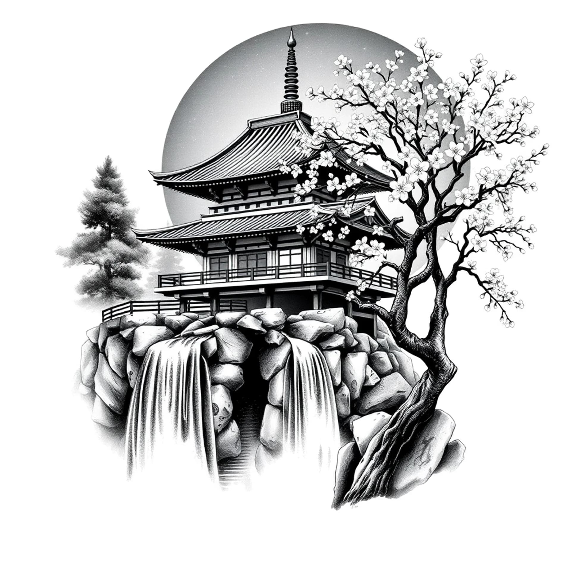 Black And Grey tattoo: Japan temple with a waterfall and a cherry blossom tree at night