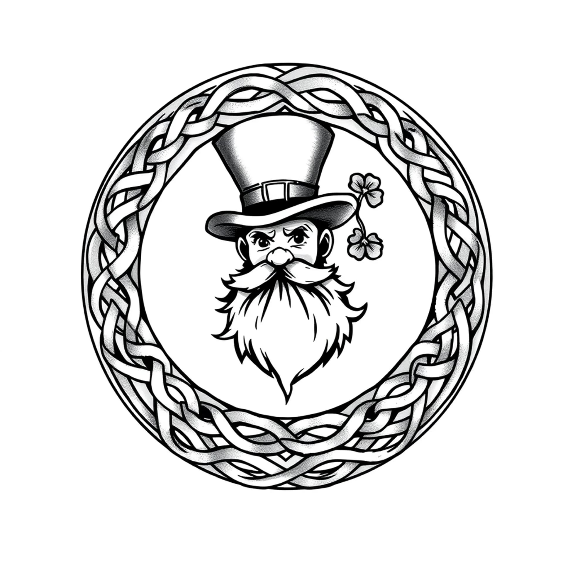 Celtic tattoo: Turn the notre dame leprechaun into the centerpiece of a bold circular emblem.
• A thick Celtic knot ring (like a carved stone medallion) encircles the leprechaun
• Outer ring has interwoven knotwork
• Add subtle shamrocks
• Let the design bleed slightly onto the shoulder cap for a powerful frame
• From it, 3 parallel bands wrap the shoulder:
1. Thick knot band
2. Thin spacer
3. Secondary knot or solid band
• Bands should follow natural deltoid curve