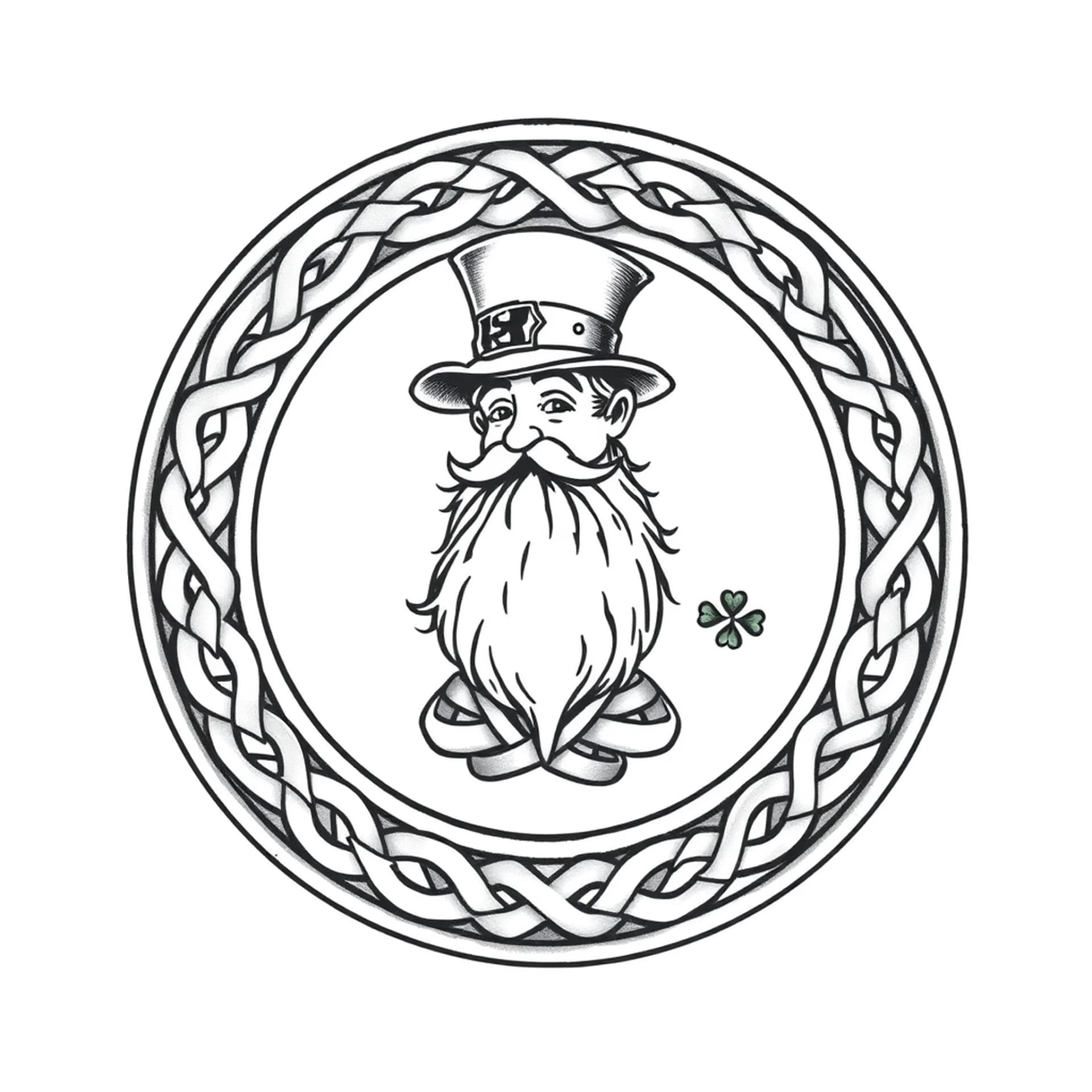 Celtic tattoo: Turn the notre dame full body leprechaun into the centerpiece of a bold circular emblem.
• A thick Celtic knot ring (like a carved stone medallion) encircles the leprechaun
• Outer ring has interwoven knotwork
• Add subtle shamrocks
• Let the design bleed slightly onto the shoulder cap for a powerful frame
• From it, 3 parallel bands wrap the shoulder:
1. Thick knot band
2. Thin spacer
3. Secondary knot or solid band
• Bands should follow natural deltoid curve