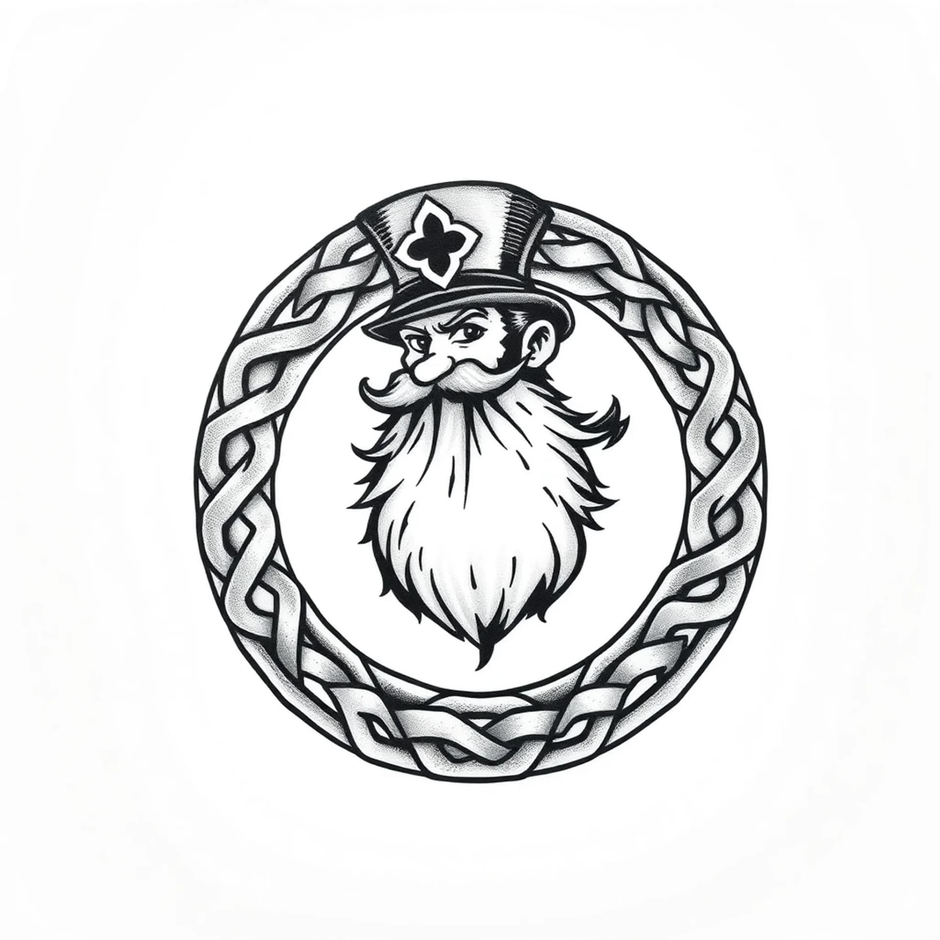 Celtic tattoo: Turn the notre dame football mascot full body leprechaun into the centerpiece of a bold circular emblem.
• A thick Celtic knot ring (like a carved stone medallion) encircles the leprechaun
• Outer ring has interwoven knotwork
• Add subtle shamrocks
• Let the design bleed slightly onto the shoulder cap for a powerful frame
• From it, 3 parallel bands wrap the shoulder:
1. Thick knot band
2. Thin spacer
3. Secondary knot or solid band
• Bands should follow natural deltoid curve