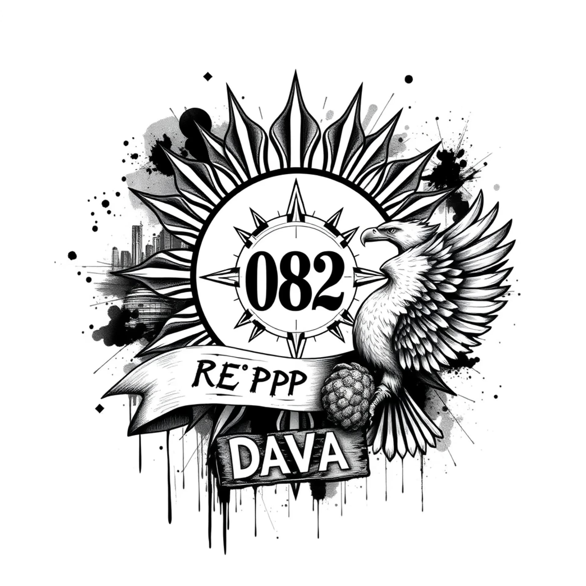 Black And Grey tattoo: Create a back tattoo design, Est. feb 26, 1994 Manila. A sun combined with a compass in the middle and banner reppin 082 in the middle.
Left side: Abstract manila urban skyline, wires and street texture
Right side: Philippine eagle with durian and on the bottom part is Davao city street sign.
black and grey only, high contrast, lots of negative space, layered street art feel, paint drips, splatter, raw sketch energy, slightly chaotic but balanced composition, full back layout.