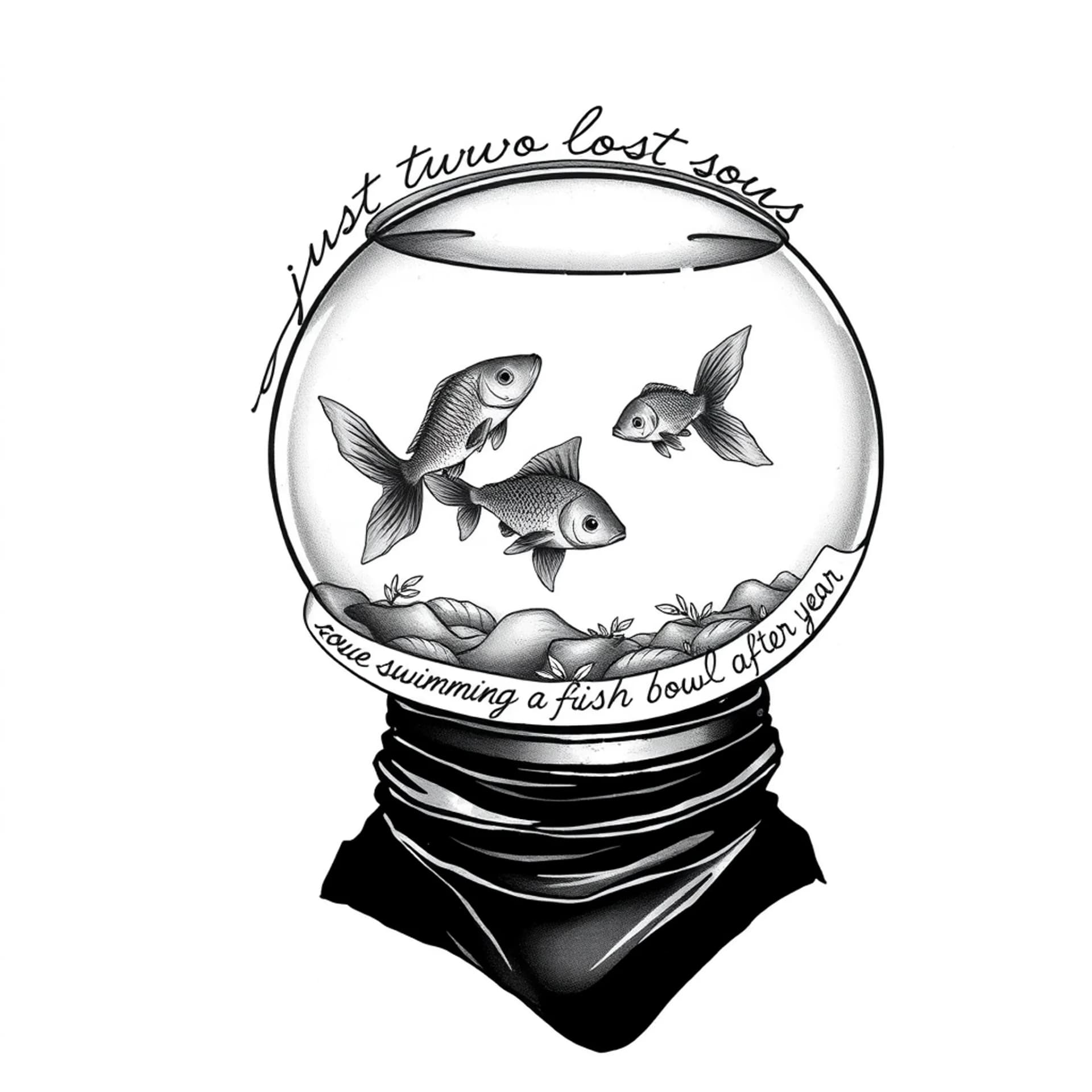 Black And Grey tattoo: “Fine line black and grey tattoo design, vertical composition. Surreal astronaut portrait with a slightly tilted round helmet shaped like a fishbowl filled with water. Inside the helmet, two small goldfish swimming. Astronaut suit is simplified and not overly detailed. Elegant, legible handwritten script wrapping gently around the helmet: ‘just two lost souls swimming in a fish bowl year after year’. Only the fish have soft muted orange color, everything else is black and grey.