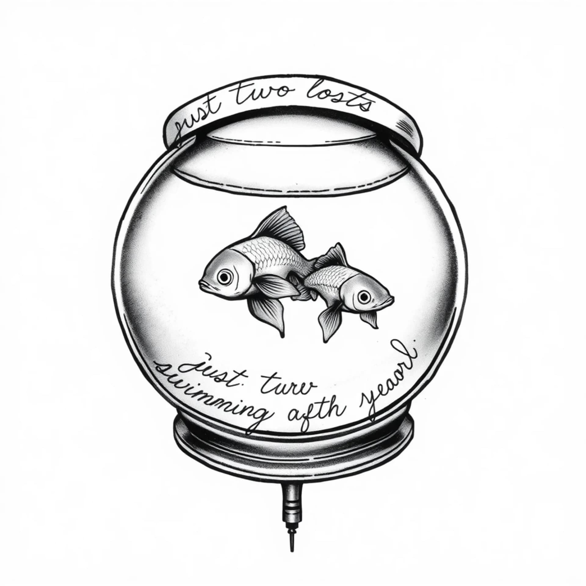 Black And Grey tattoo: “Fine line black and grey tattoo design, vertical composition. astronaut portrait with a round helmet shaped like a fishbowl filled with water. Inside the helmet, two small goldfish swimming. Elegant, legible handwritten script wrapping gently around the helmet: ‘just two lost souls swimming in a fish bowl year after year’.