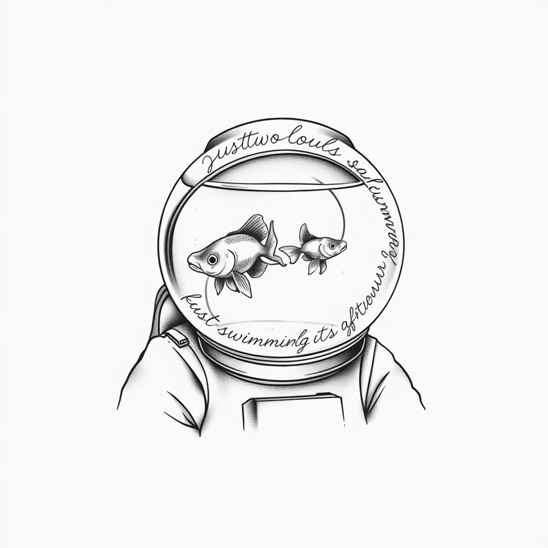 Black And Grey tattoo: “Fine line black and grey tattoo design, vertical composition. astronaut portrait with a round helmet shaped like a fishbowl filled with water. Astronaut is in white suit and cuts off at shoulders. Inside the helmet, two small goldfish swimming. Elegant, legible handwritten script wrapping gently around the helmet: ‘just two lost souls swimming in a fish bowl year after year’. Background a very minimal beach sunset vibe