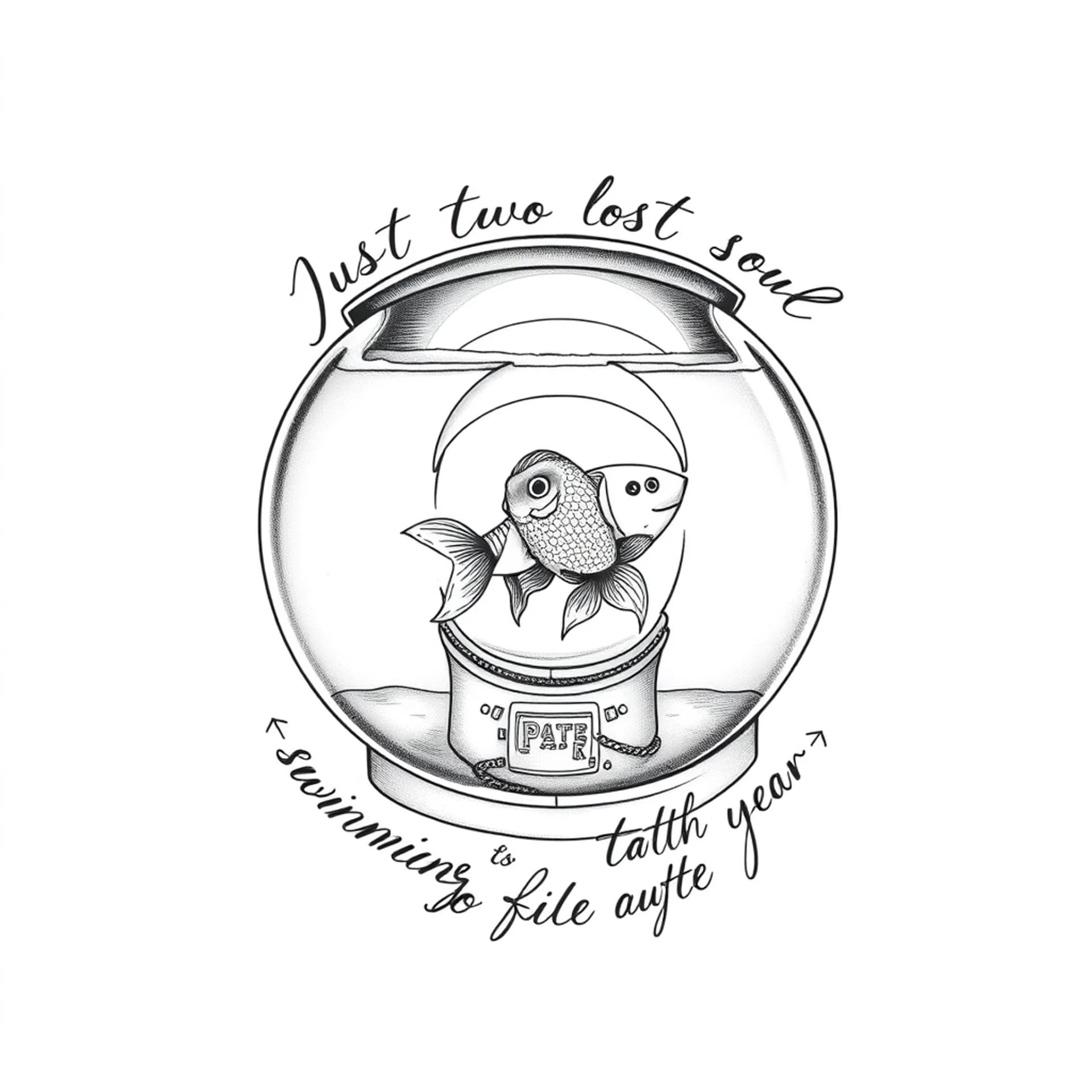 Black And Grey tattoo: “Fine line black and grey tattoo design, vertical composition. astronaut portrait with a round helmet shaped like a fishbowl filled with water. Astronaut is in white suit and cuts off at shoulders. Inside the helmet, two small goldfish swimming. Elegant, legible handwritten script wrapping gently around the helmet: ‘Just two lost souls swimming in a fish bowl year after year’. Background a very minimal beach sunset vibe. Goldfish are their natural color