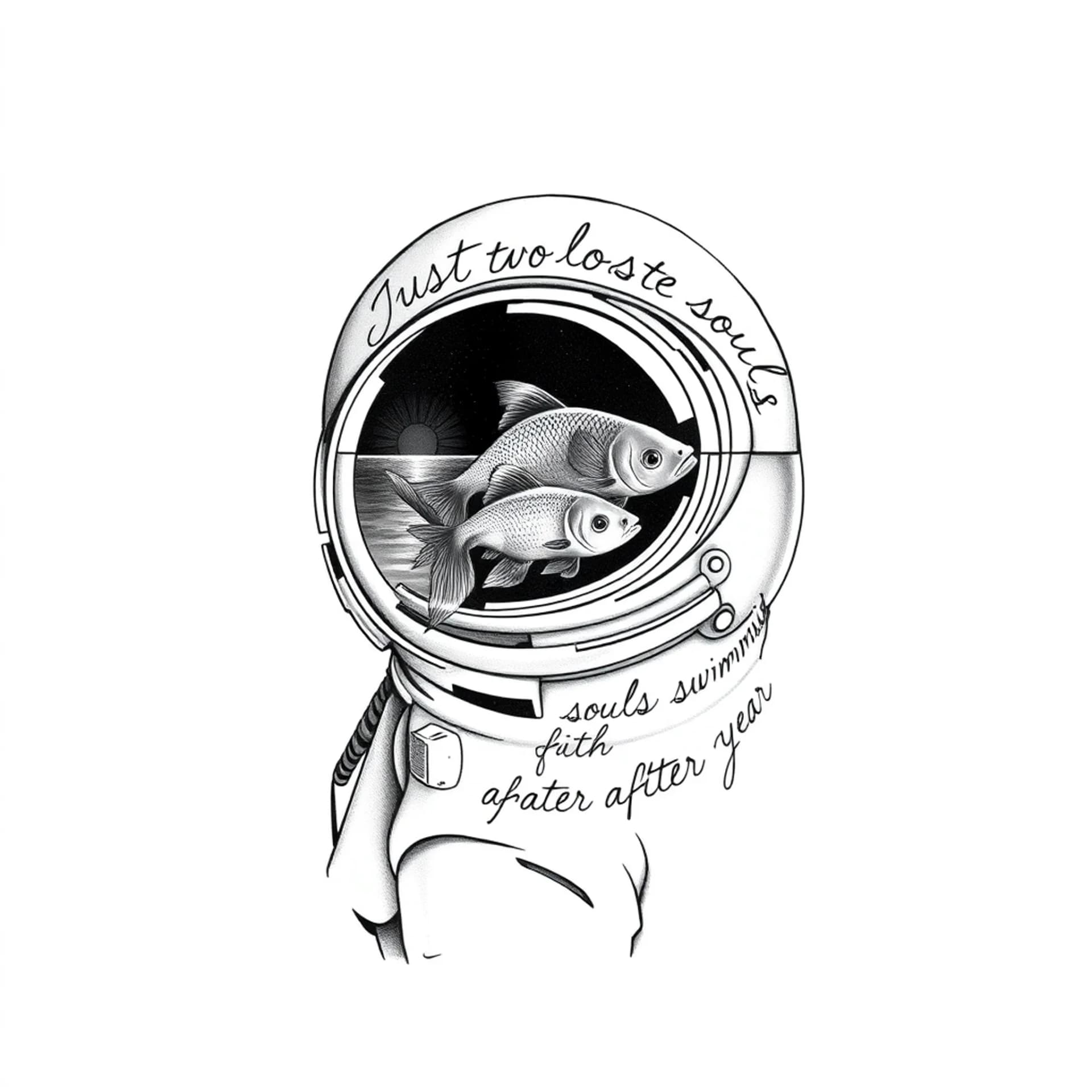 Black And Grey tattoo: “Fine line black and grey tattoo design, vertical composition. astronaut portrait with a round helmet shaped like a fishbowl filled with water. Astronaut is in white suit and cuts off at shoulders. Inside the helmet, two small goldfish swimming. Elegant, legible handwritten script wrapping gently around the helmet: ‘Just two lost souls swimming in a fish bowl year after year’. Background a very minimal beach sunset vibe. Goldfish are their natural color