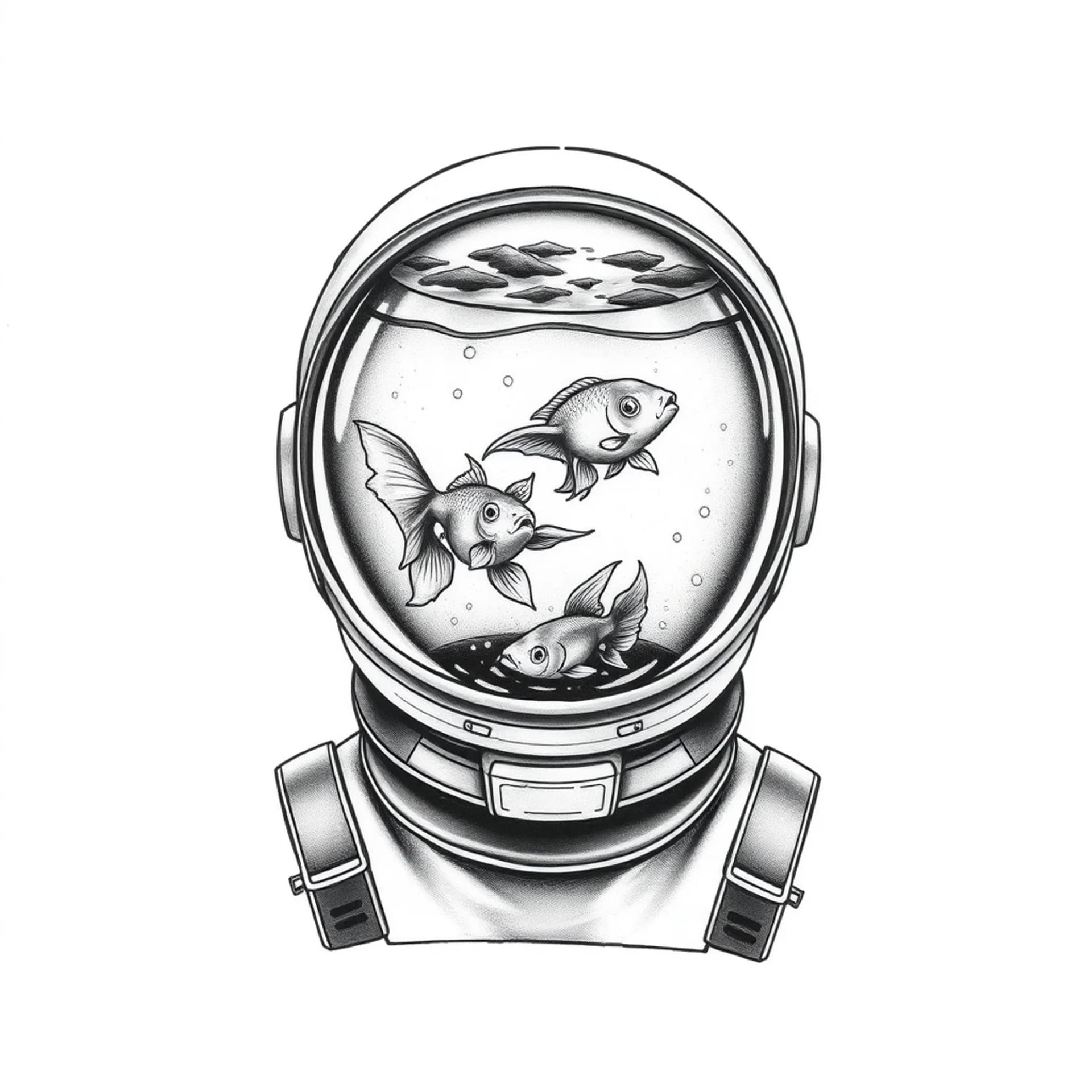 Black And Grey tattoo: Black and white with minimal color. Maybe the fish a muted orange.
An astronaut portrait with his helmet full of water (like a fish bowl) with two gold fish swimming in it and the lyrics “just two lost souls swimming in a fish bowl year after year”. Astronaut is facing forward and portrait stops at shoulders. Space suit on.
