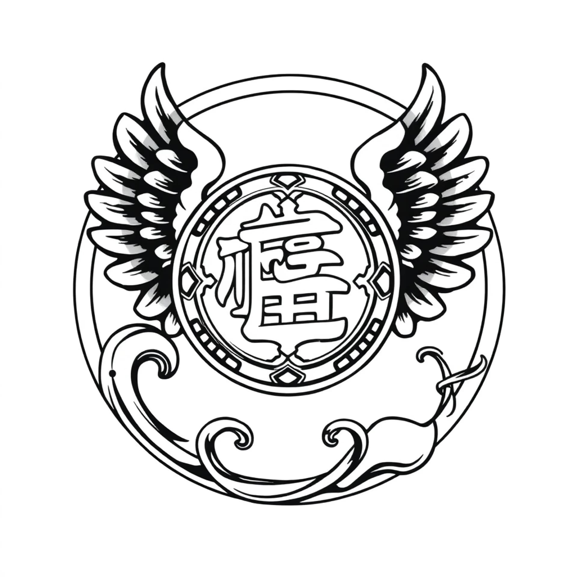 Old School tattoo: Tattoo design, wealth and fortune symbol, Chinese lucky coin with wings, line art, black ink only, clean outline, minimalist, transparent background, vector style, high contrast, no color --no color, grey, shading