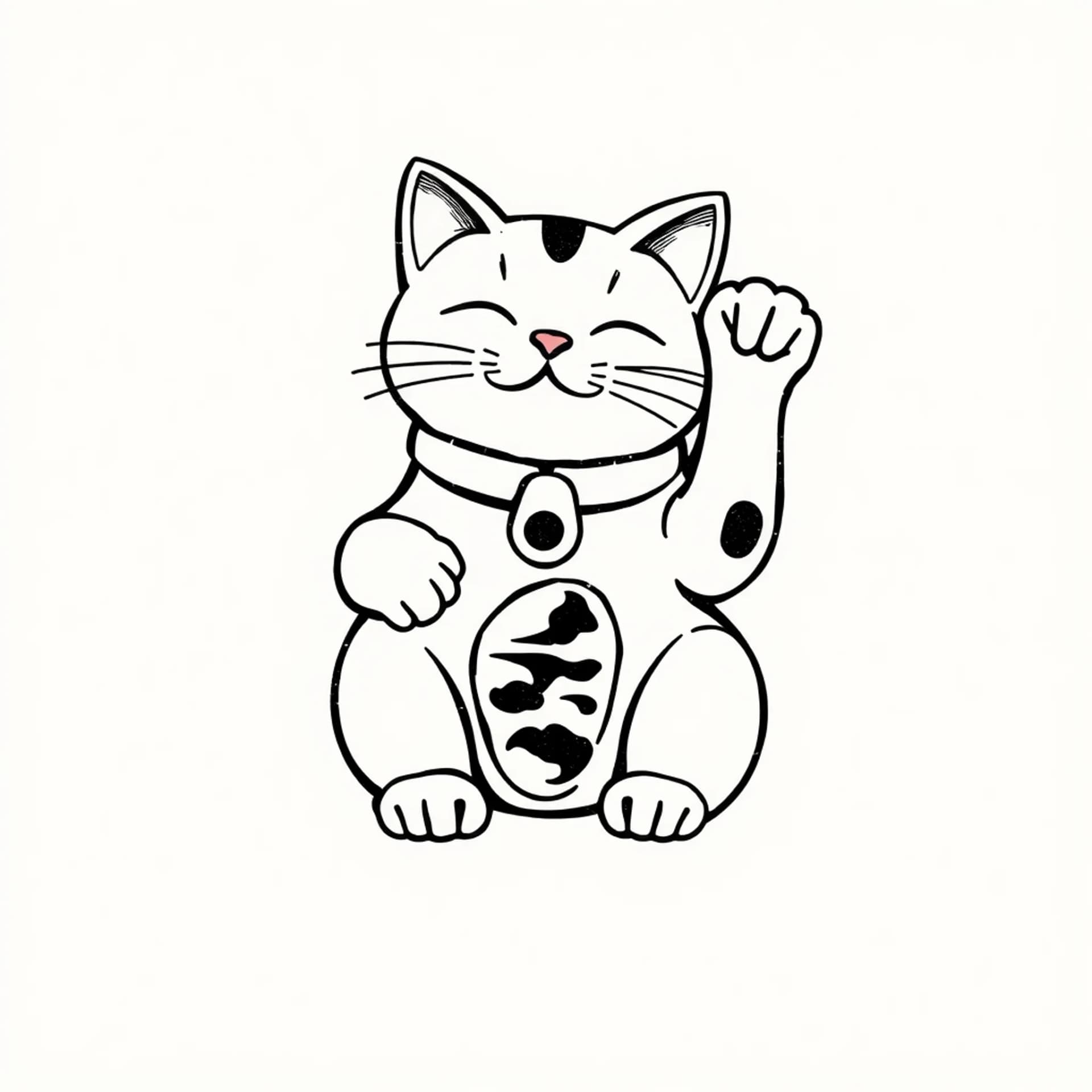 Old School tattoo: Tattoo flash, traditional lucky cat motif, Maneki-neko simplified, one paw raised, thick bold lines, blackwork, etching style, pure black and white, solid fill, no halftone --no color, grey