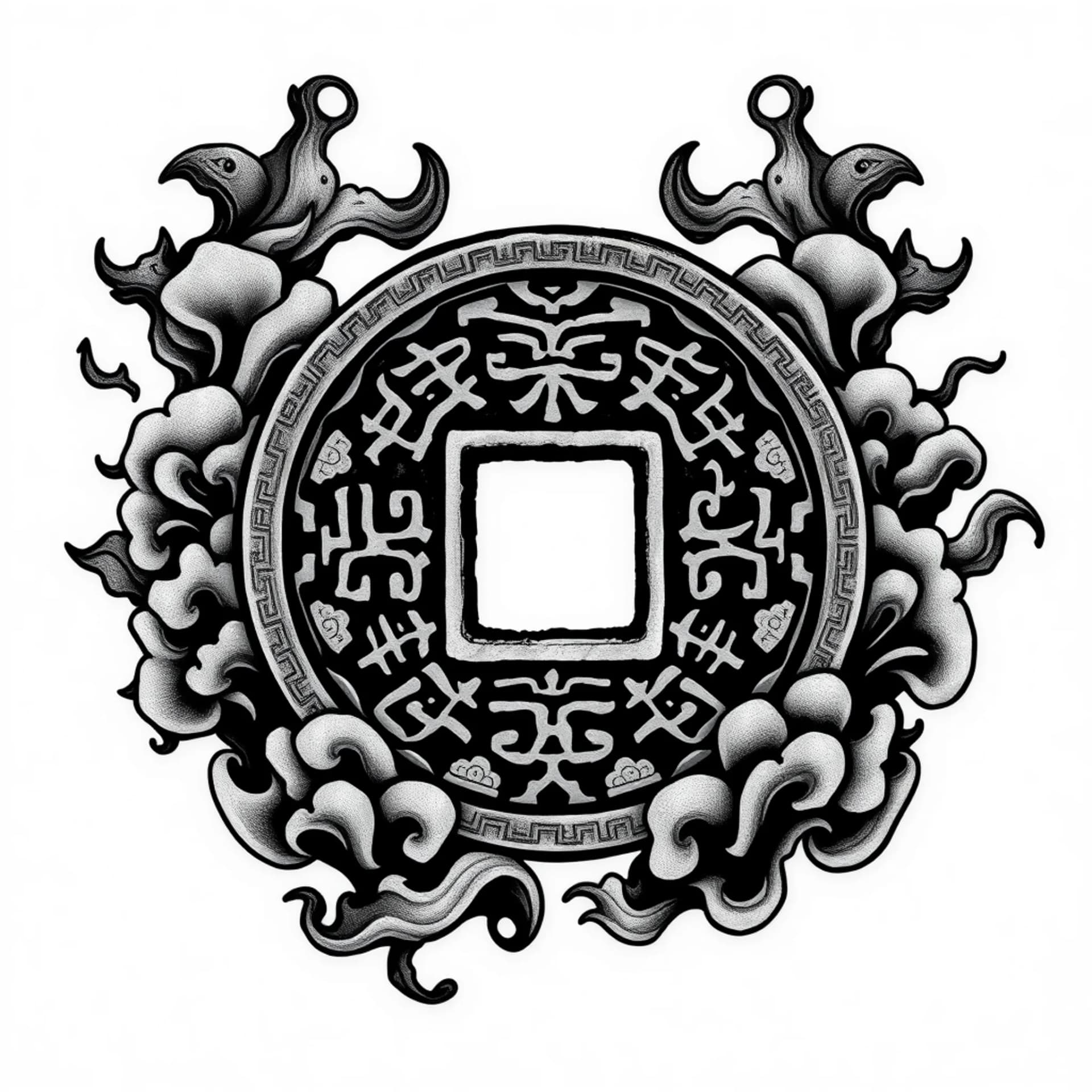 Black And Grey tattoo: Tattoo design, ancient Chinese copper coin, square hole in center, surrounded by stylized clouds, single line weight, woodcut style, black only, stencil ready, no color --no color