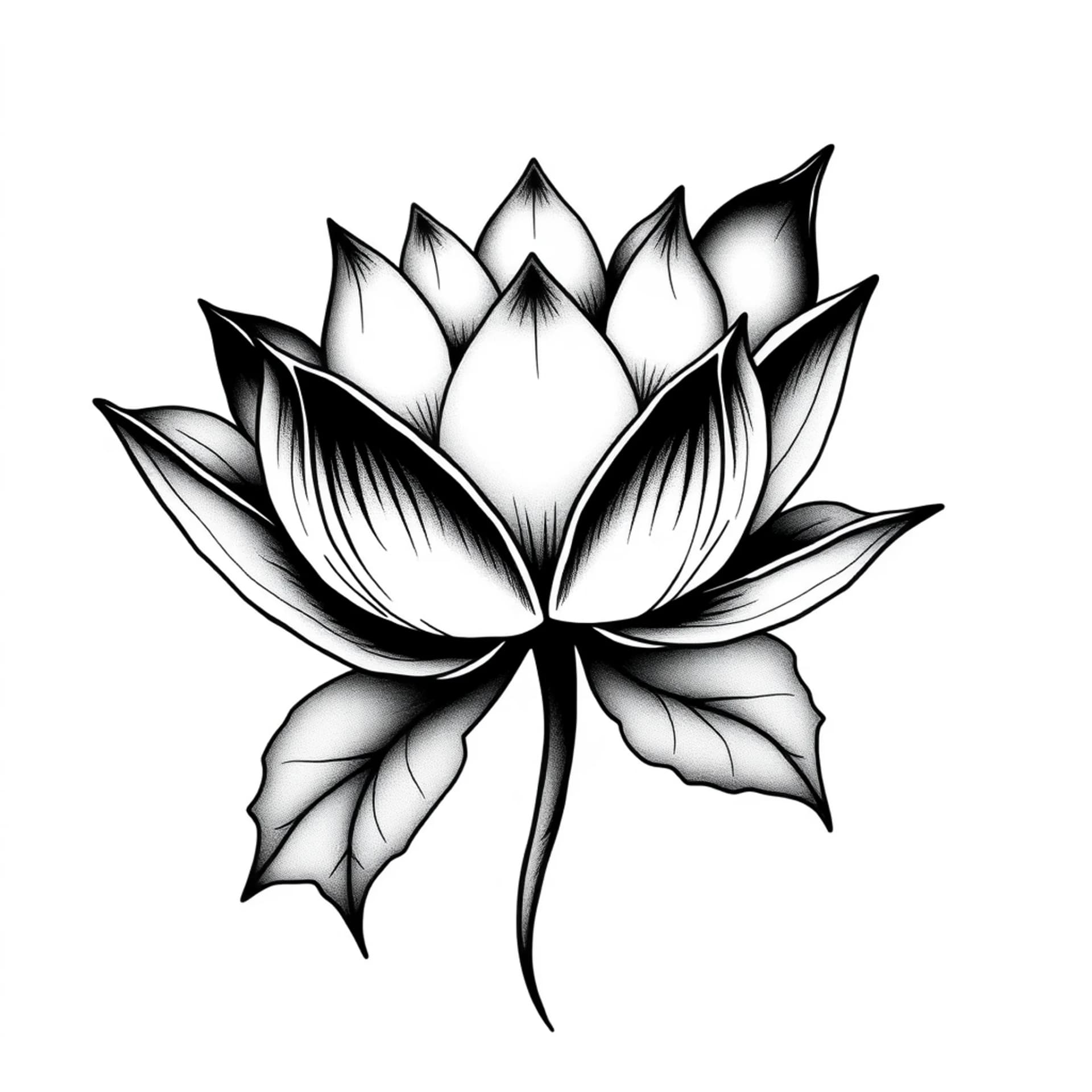 Black And Grey tattoo: Tattoo design, blooming lotus flower, single continuous line, delicate line art, black ink, clean and minimal, transparent bg, stencil style, high detail, no color --no color, grey