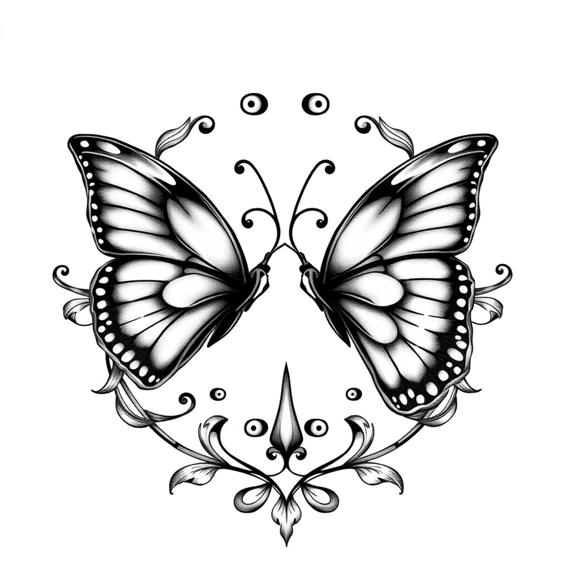 Black And Grey tattoo: Tattoo flash, two butterflies circling each other, symmetrical, fine line, blackwork, ornamental style, pure black and white, no shading, no color --no color