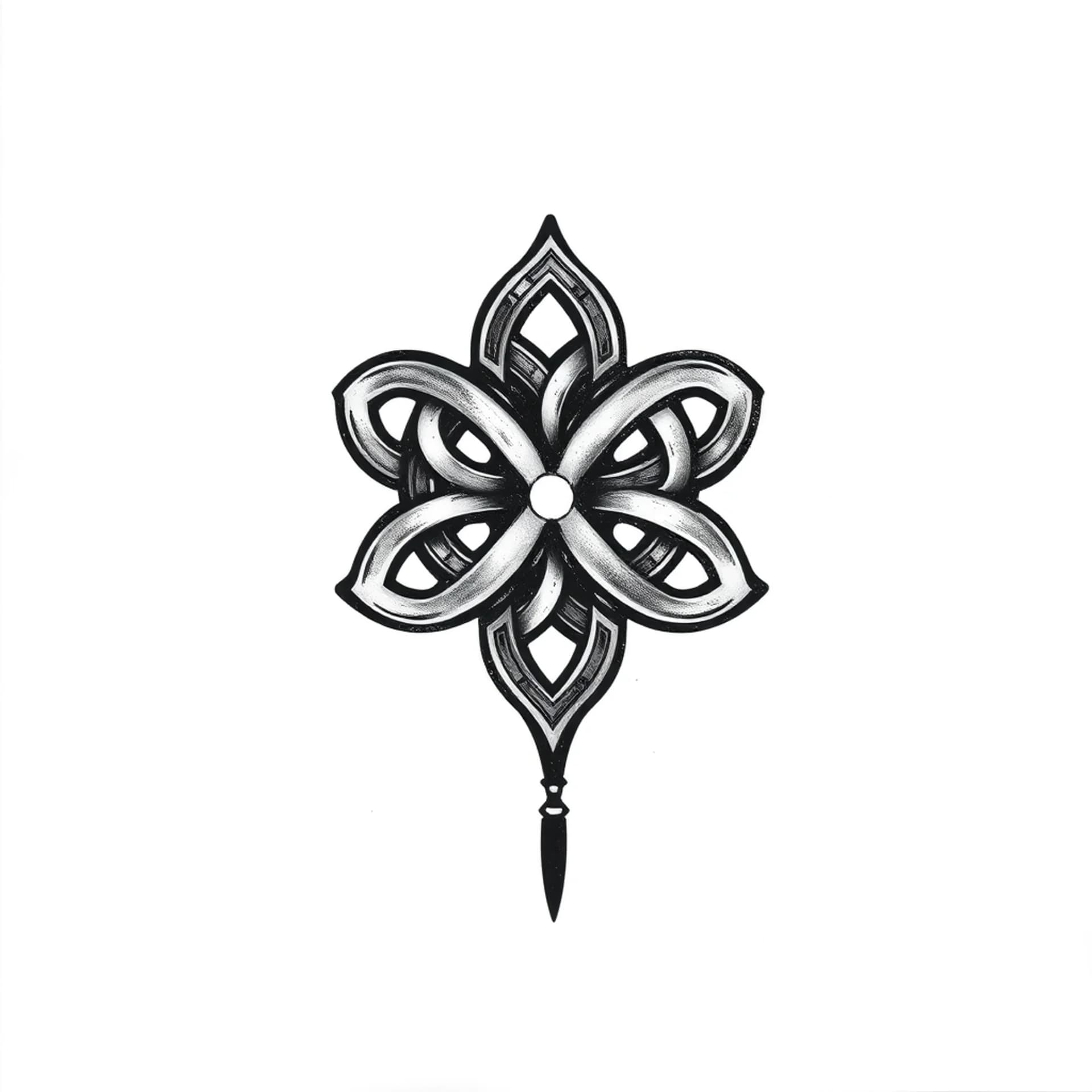 Black And Grey tattoo: Tattoo design, Chinese knot symbolizing connection, geometric, thick and thin line variation, woodblock print style, black only, stencil friendly, no color --no color