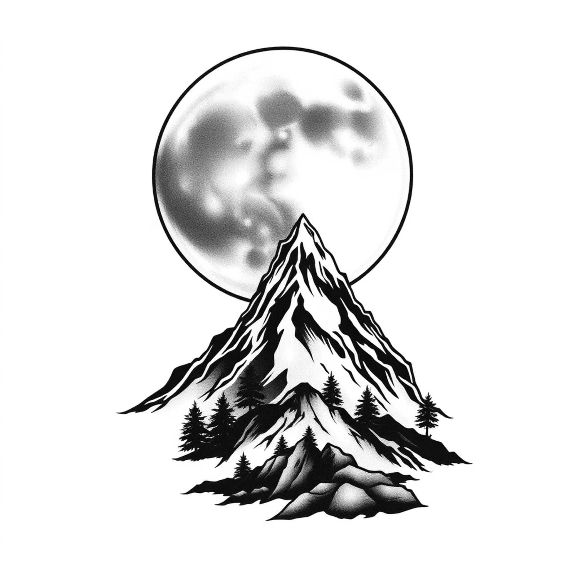 Black And Grey tattoo: Tattoo flash, mountain and moon landscape, safe journey symbol, fine line, blackwork, woodcut style, pure black and white, bold outlines, no color --no color