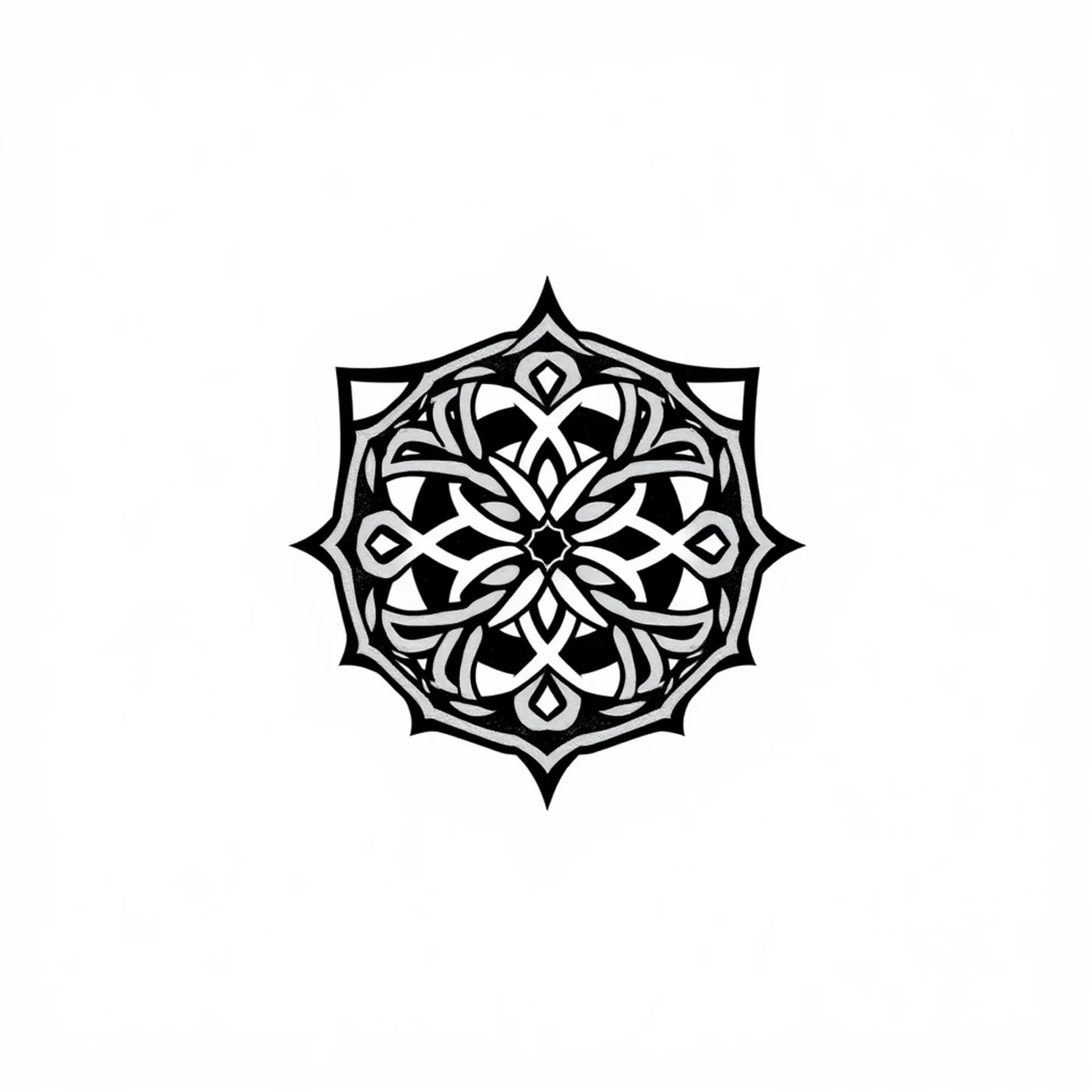 Black And Grey tattoo: Tattoo design, stylized shield with Chinese knot pattern, geometric blackwork, heavy line weight, stencil ready, solid black fills, no halftone, no color --no color