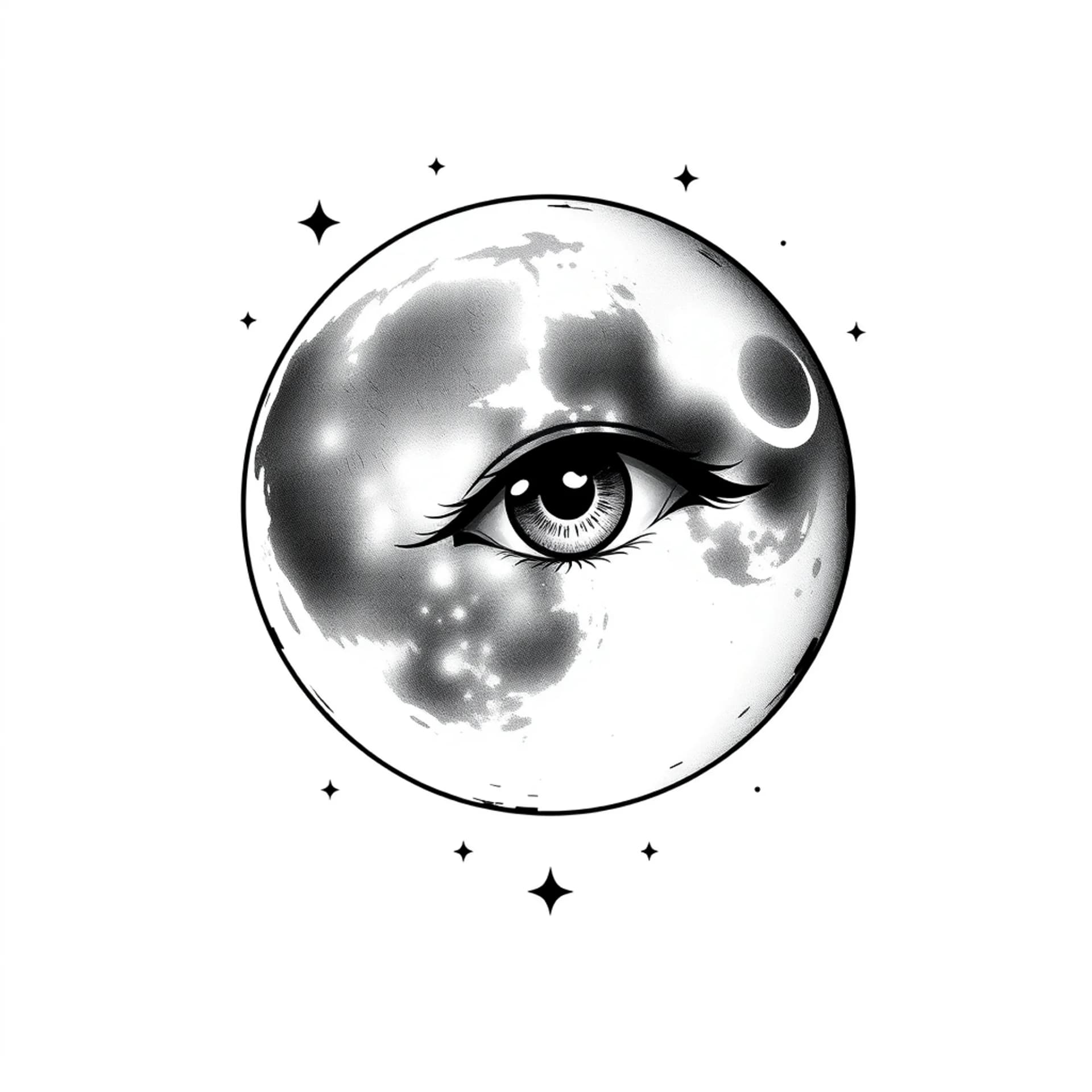 Black And Grey tattoo: Moon with an eye in it with stars in the background