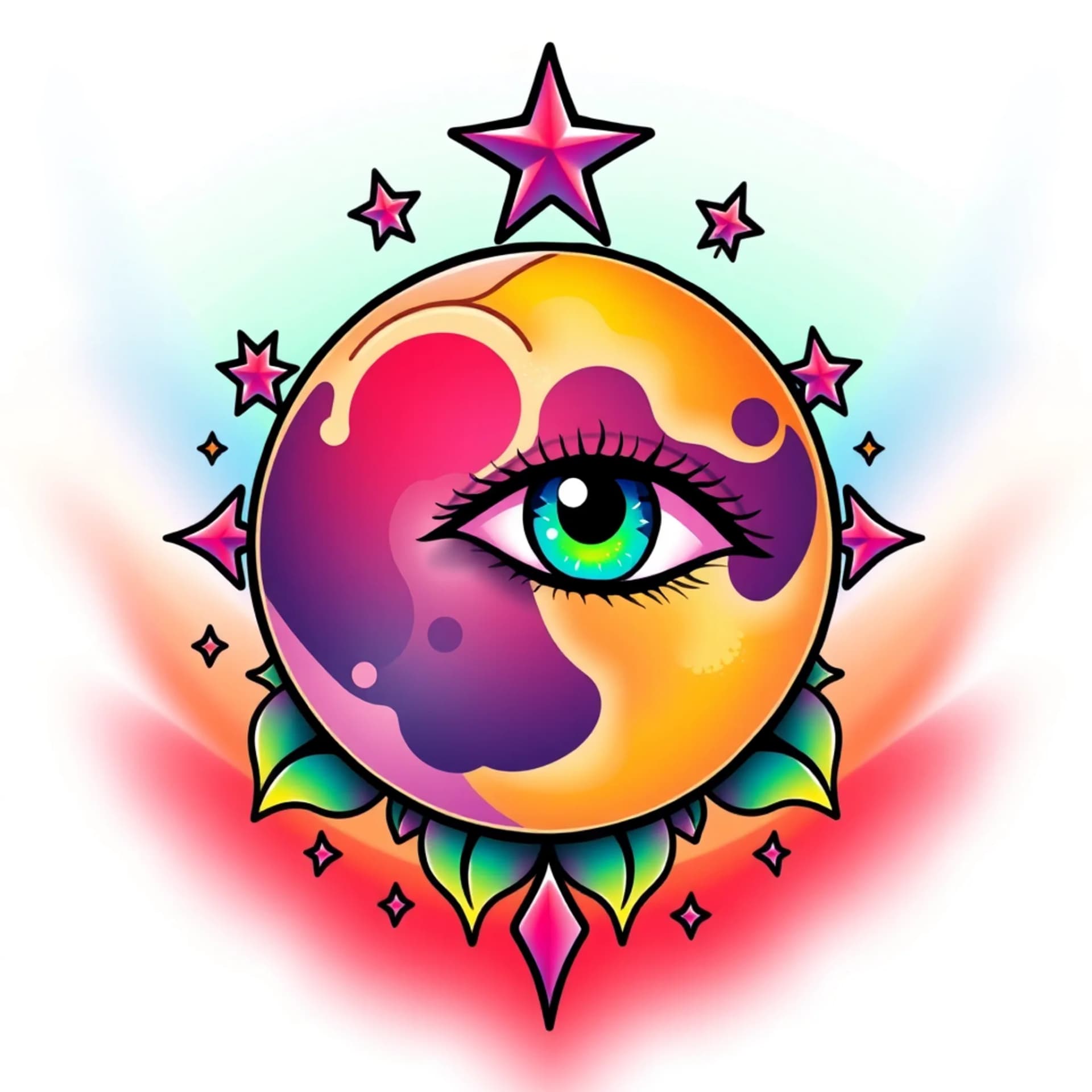 New School tattoo: Moon with an eye in it with stars in the background