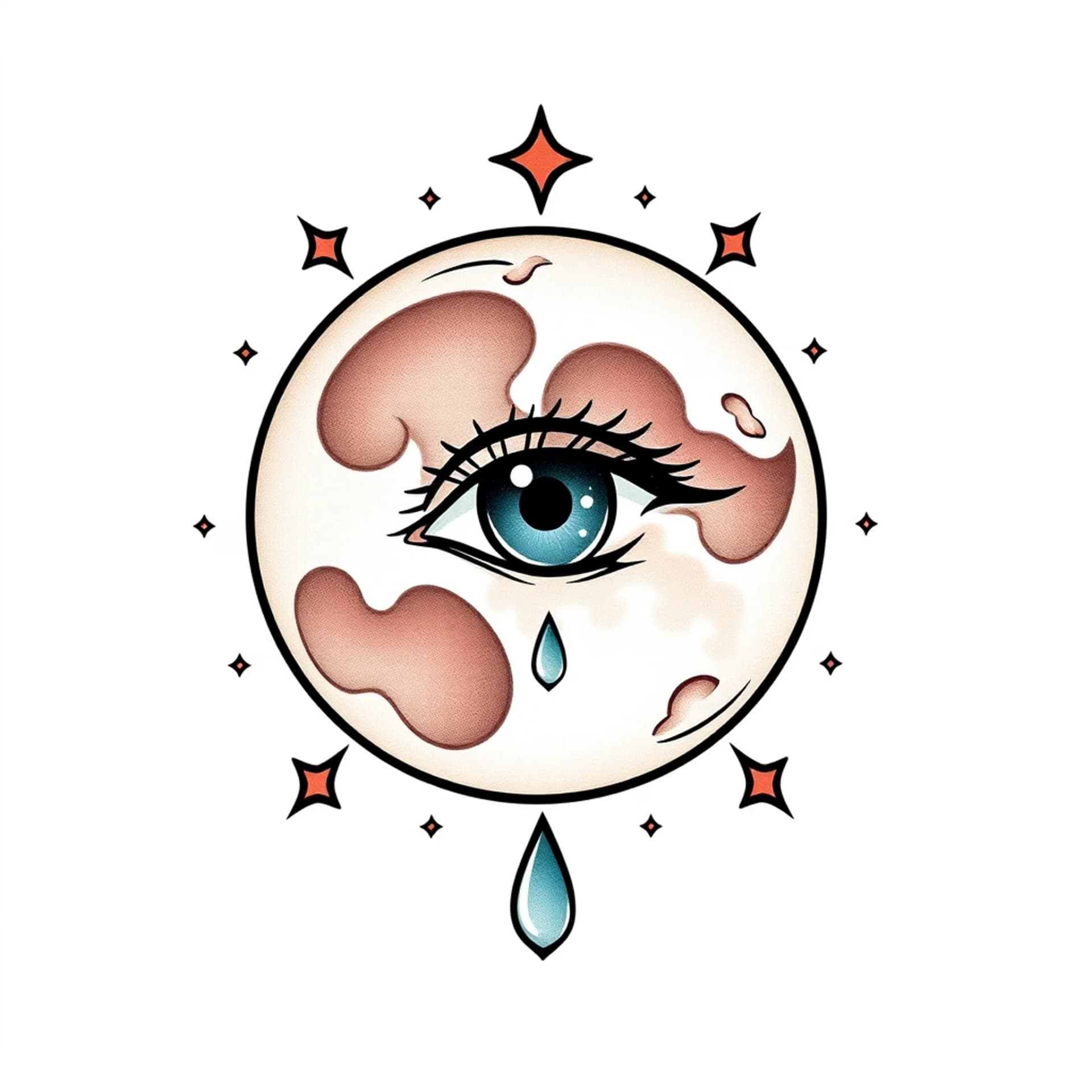 Traditional tattoo: Moon with an eye with teardrop in it with stars in the background