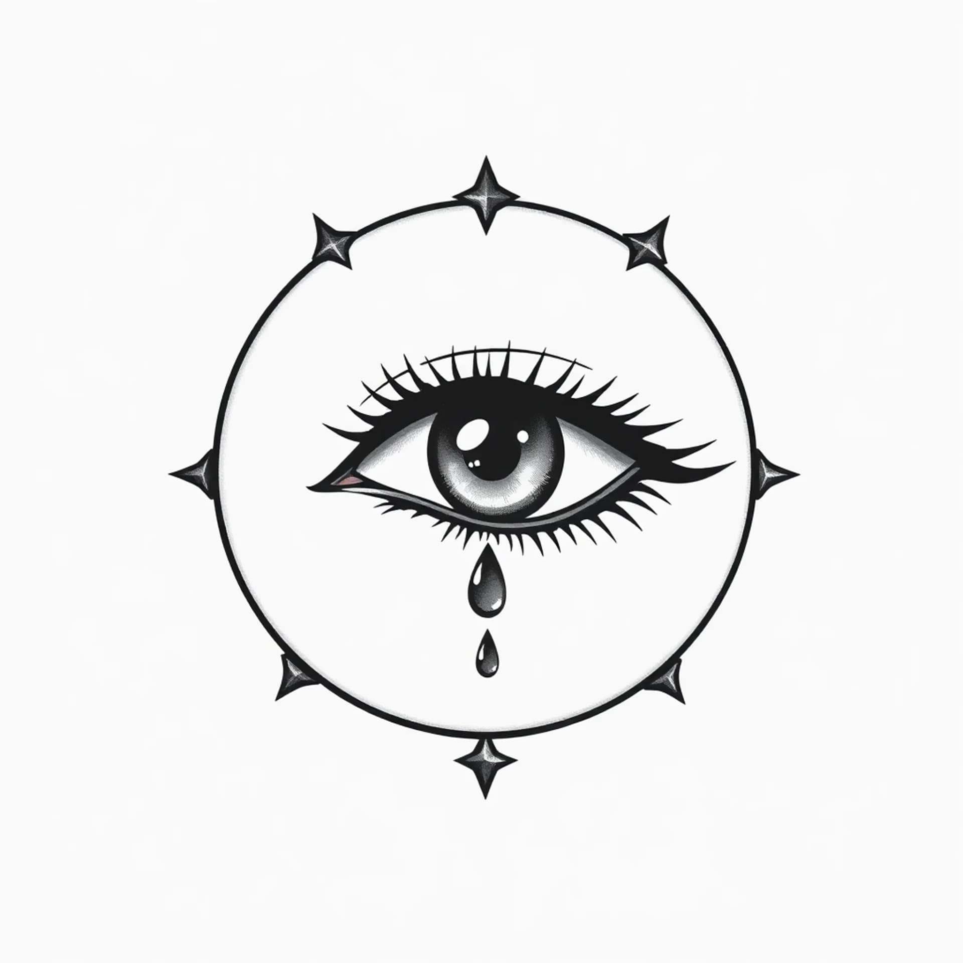 Black And Grey tattoo: Eye with teardrop inside a moon with stars in background