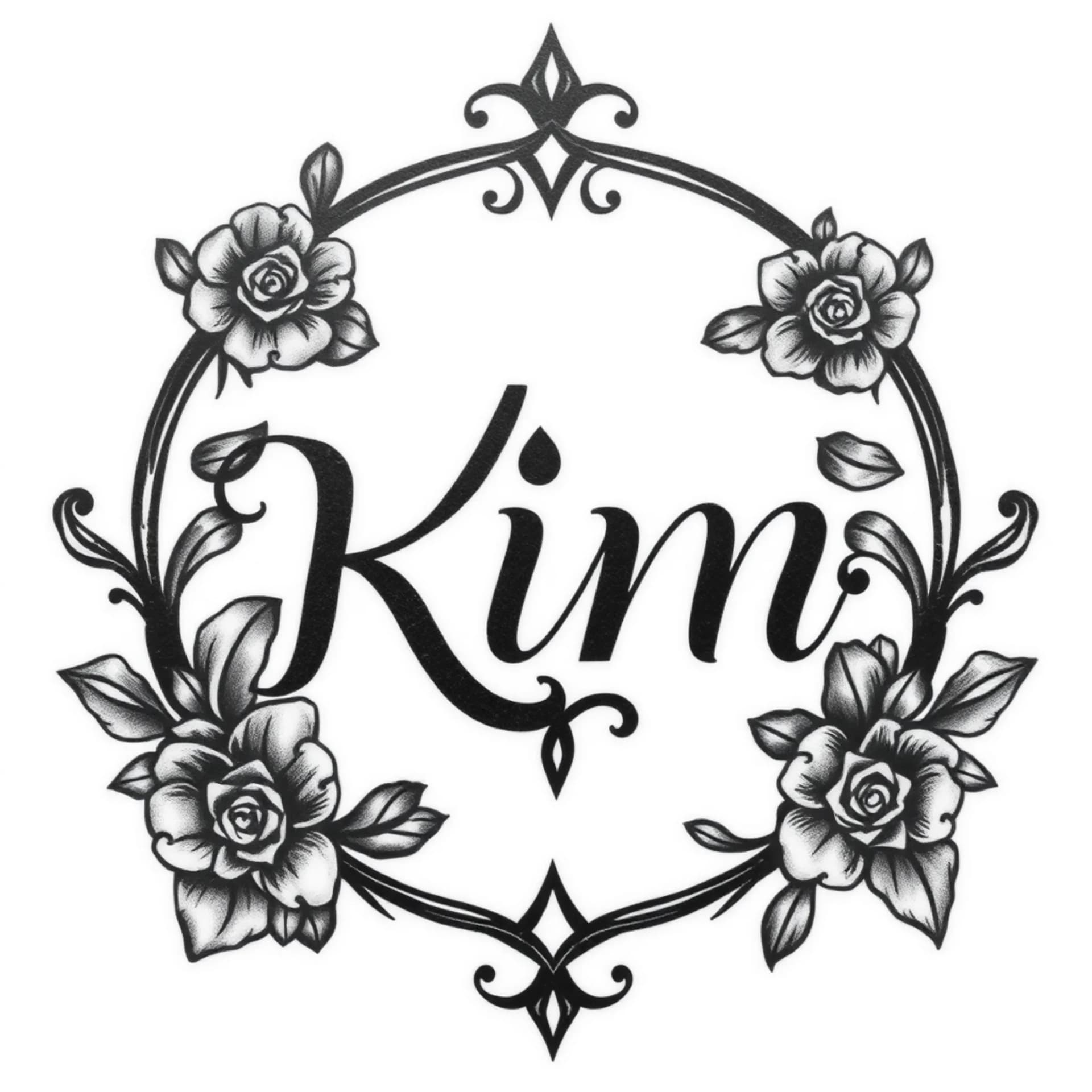 Black And Grey tattoo: The word KIM written inside a romantic style shape