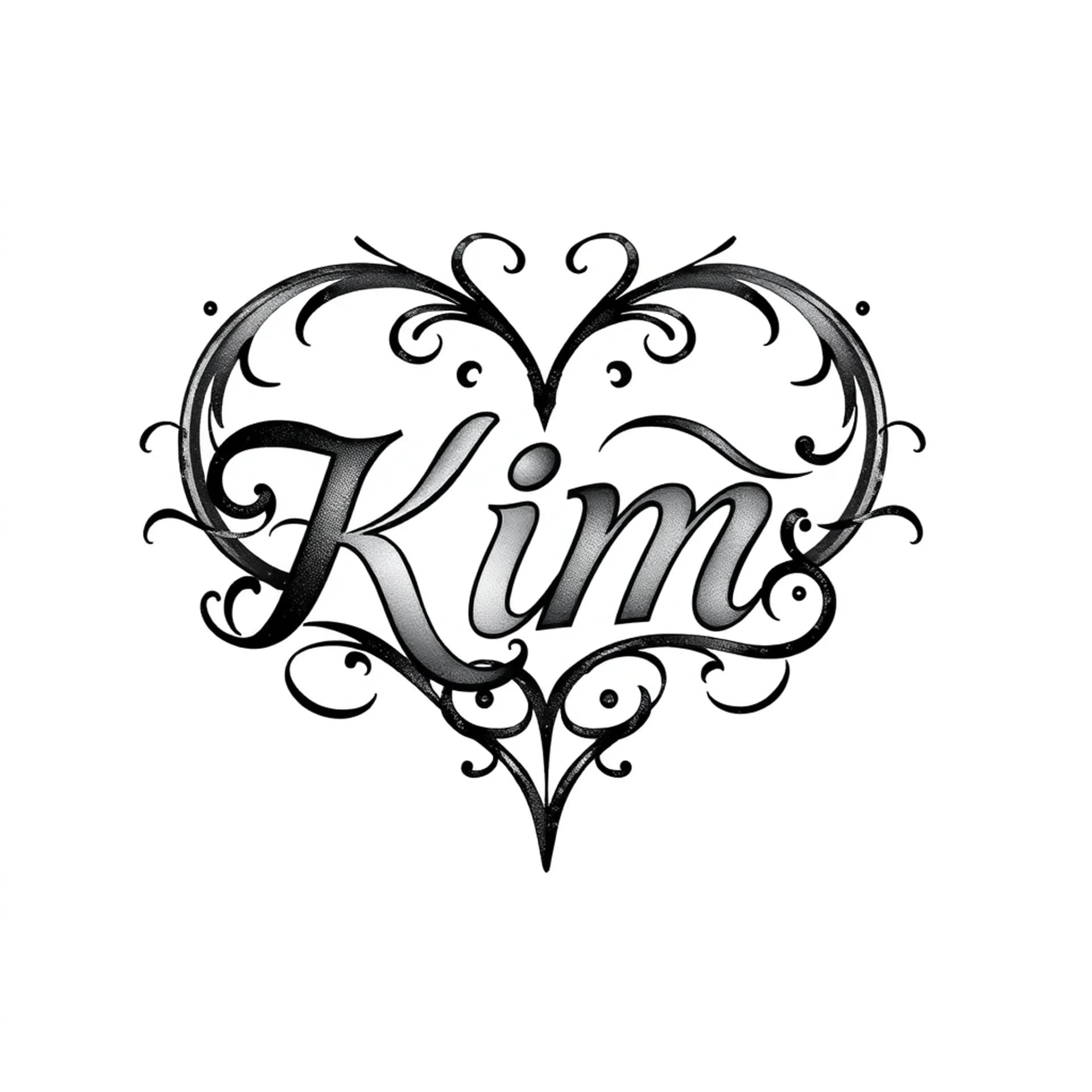 Black And Grey tattoo: The word KIM written inside a heart shape