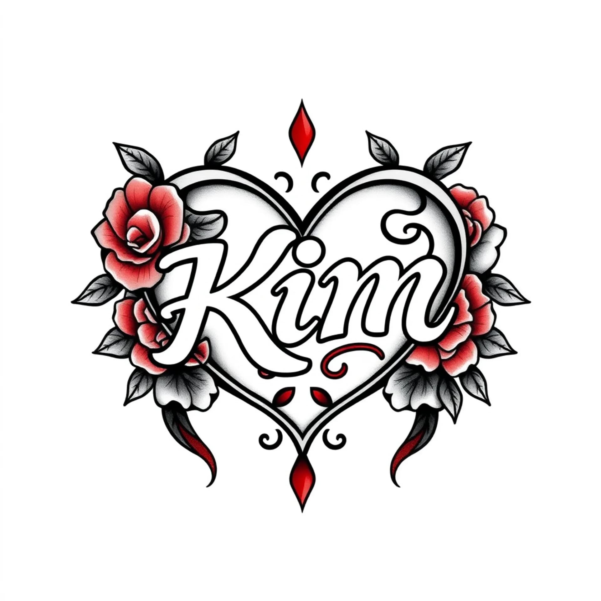 Traditional tattoo: The word KIM written inside a heart shape